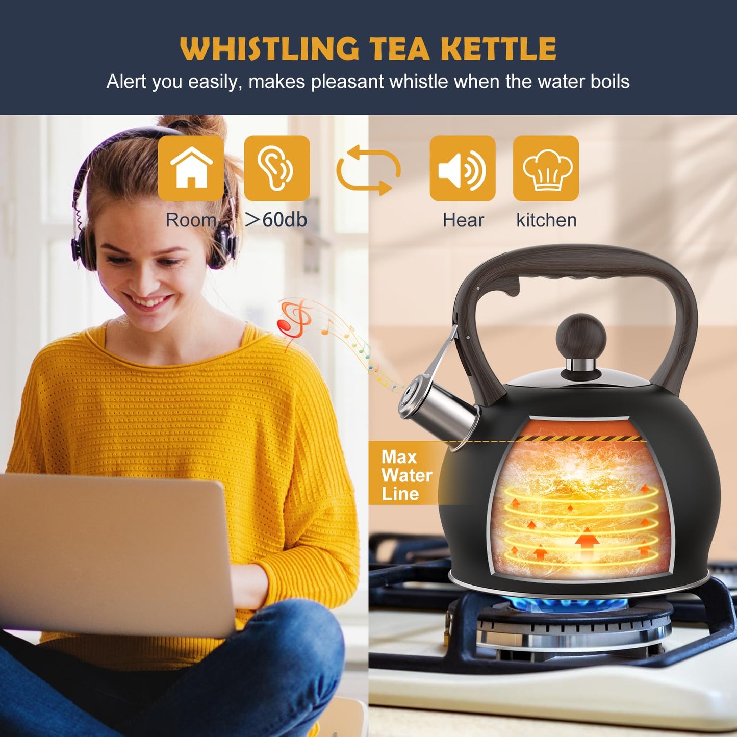 Tea Kettle Whistling Teapot for Stovetop : 2.64 Quart Food Grade Stainless Steel Tea Pot with Ergonomic Handle, Loud Whistle Camping Kettle for Tea, Coffee, Milk - Black