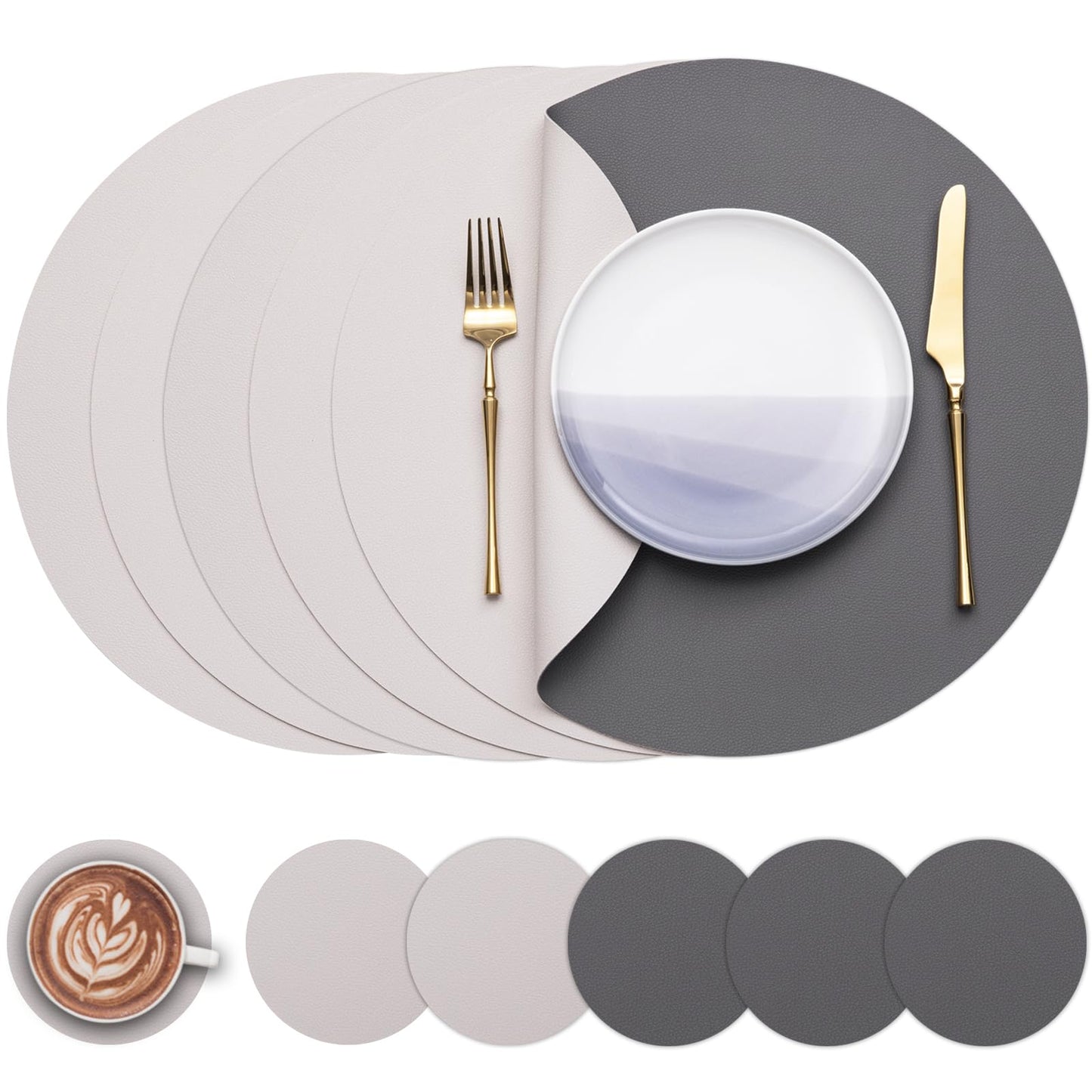 Myir JUN Round Table Placemats Set of 4 Faux Leather Place Mats and Coasters 15 inch Round Placemats Dual Sided Placemats Non-Slip Placemats Stain Resistant Placemats (Gray & Yellow, Set of 4)