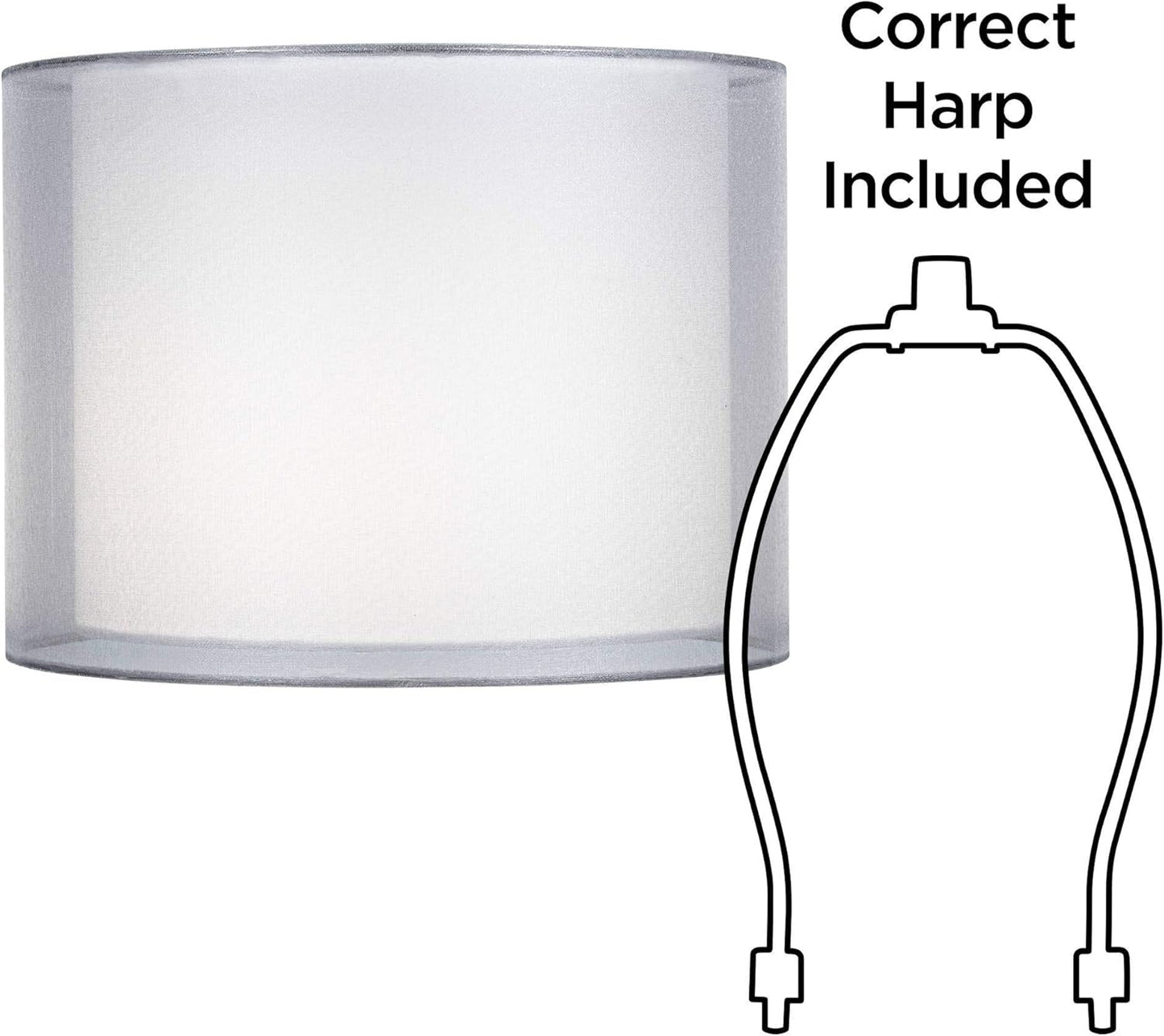Silber-weißer, doppelt durchsichtiger kleiner Lampenschirm in Trommelform, 12" oben x 12" unten x 9" hoch (Spinne), Ersatz mit Harfe und Endstück – Springcrest 