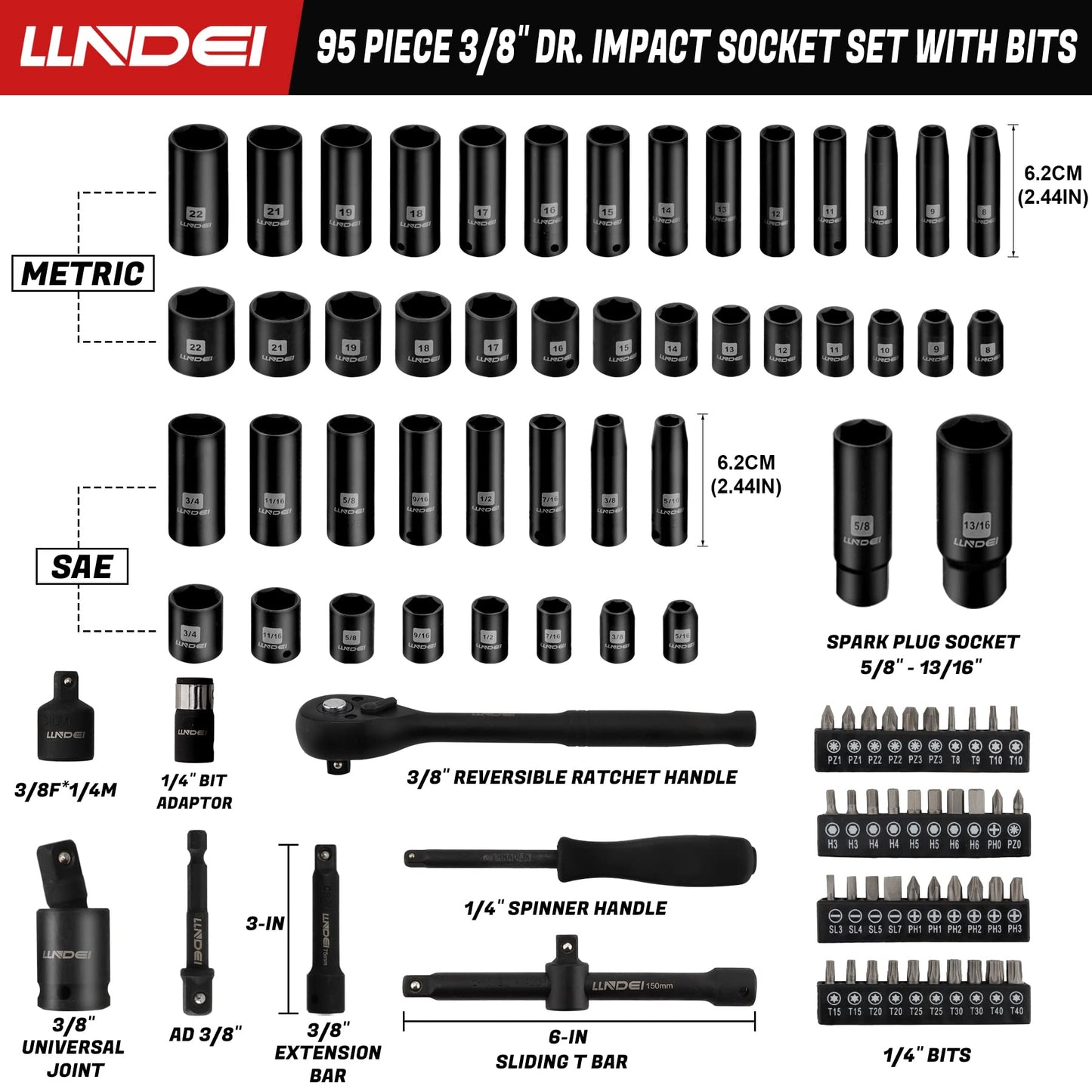 LLNDEI 1/4 & 3/8 Inch Drive Impact Socket Set, 186 Pieces Metric and Standard Full Sockets, CR-V Deep & Shallow Sockets Tool Set with Ratchet Wrench Handle, Spark Plug Socket, Bit Set for Mechanic