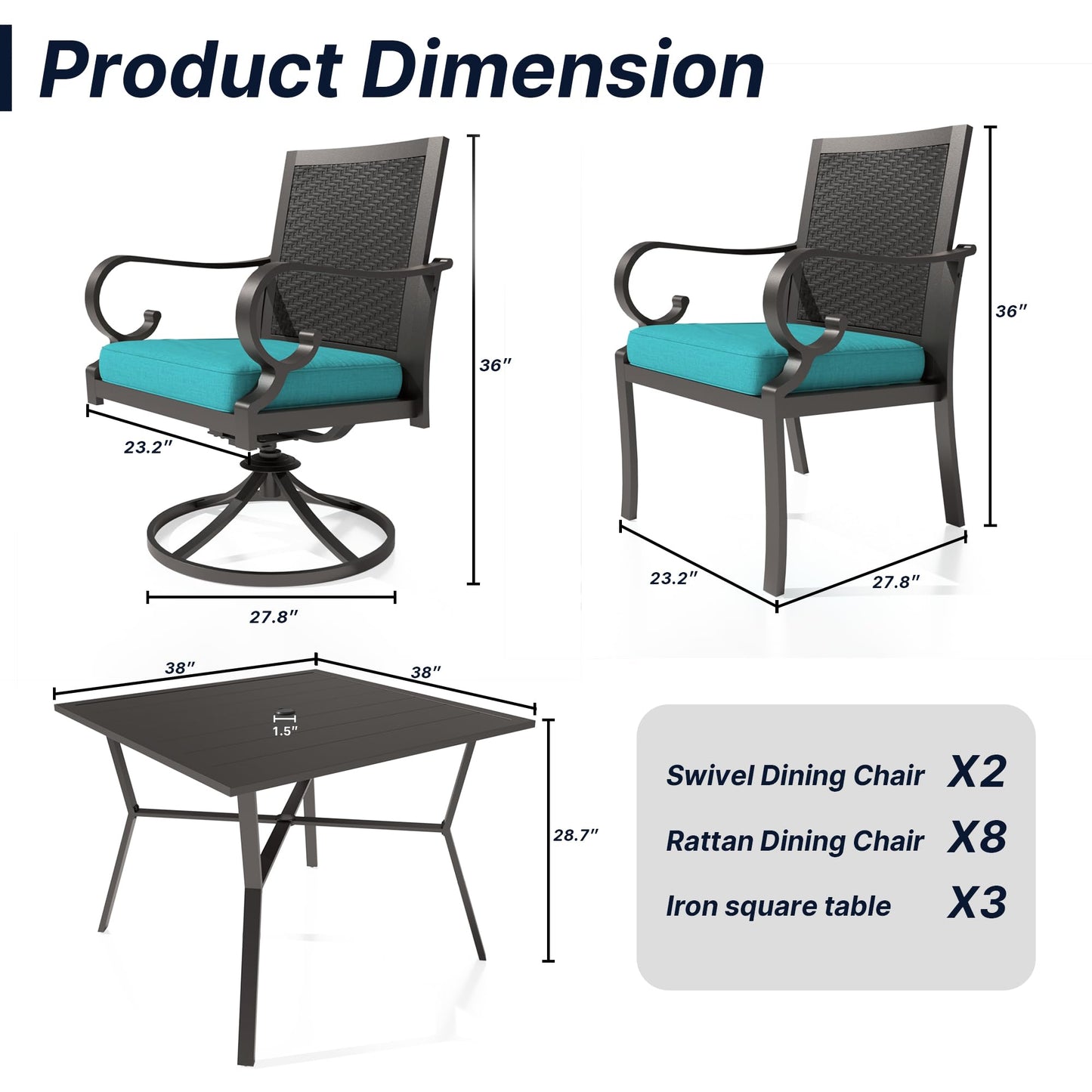 15 Pieces Patio Dining Set Outdoor Rattan Furniture Dinning Set with 3 Square Glass Tabletops 12 Chairs with Navy Blue Cushions for Patio, Backyard Outdoor Kitchen Lawn & Garden