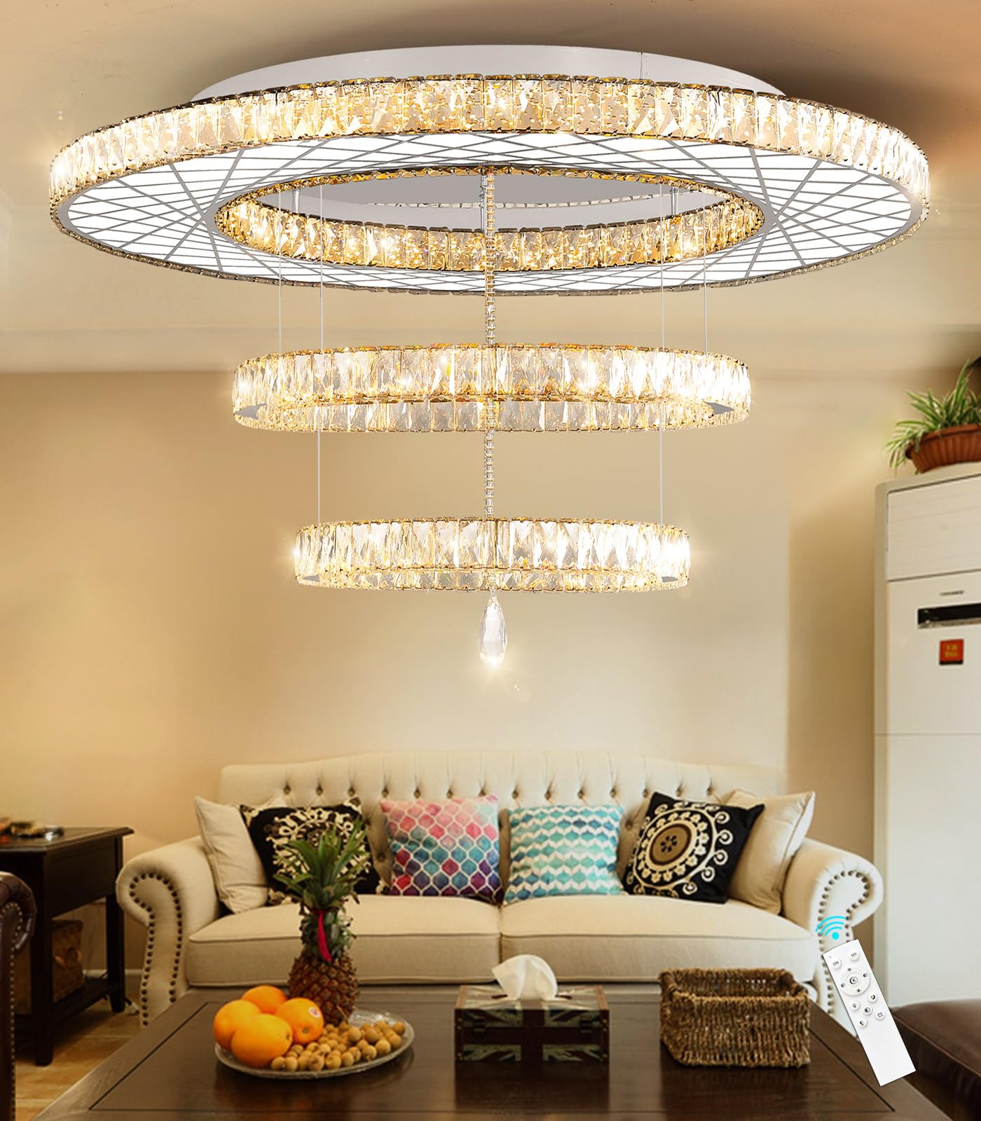 Modern Flush Ceiling Chandelier Bedroom Light Fixtures Crystal Flat Sloping Ceiling Lights for Hallway Kitchen Dining Room Dimmable Light with Remote Gold