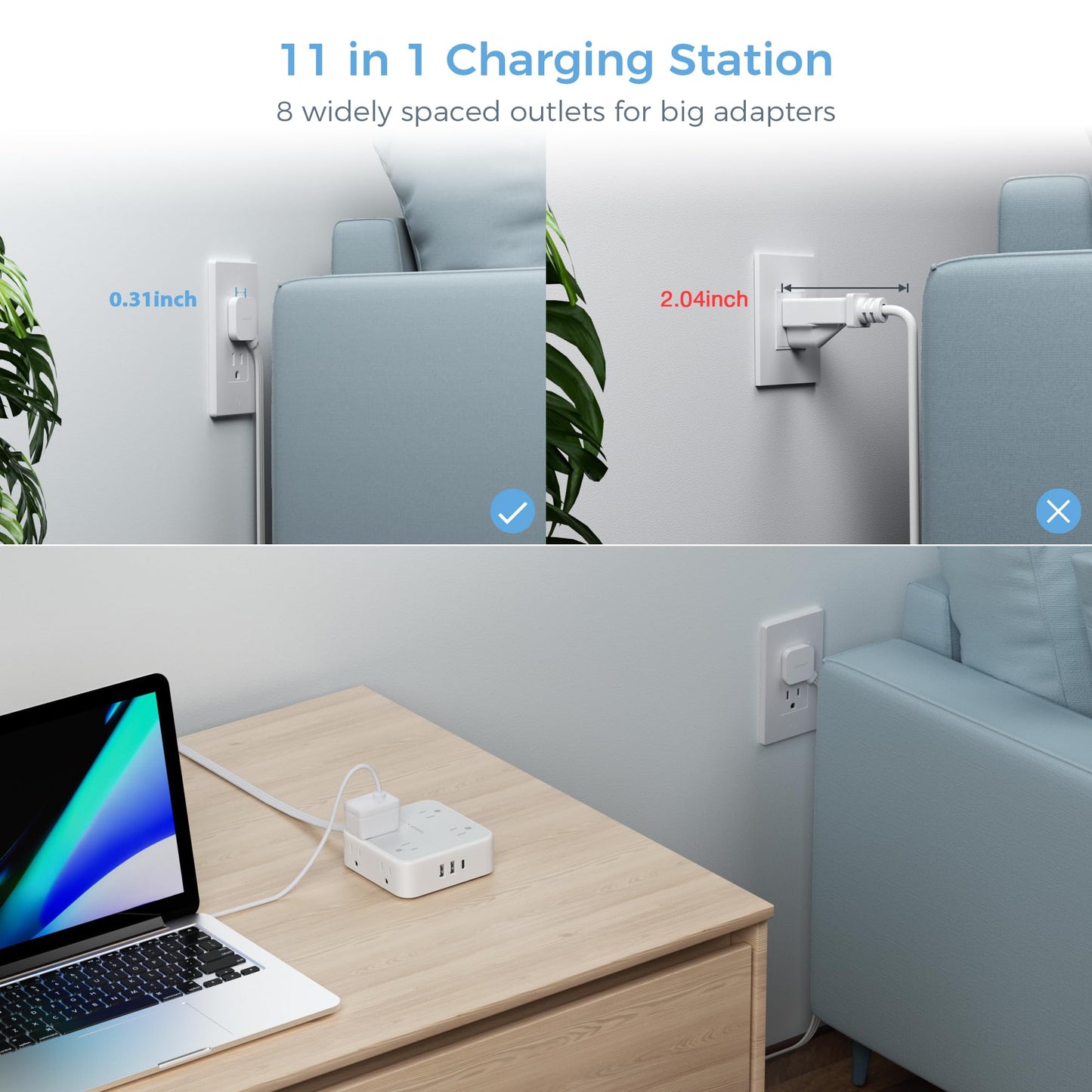 Surge Protector Flat Extension Cord Flat Plug Power Strip, 8 AC Outlets, 3 USB Charger(1 USB C Port) 3-Sided Outlet Extender, 5 Ft, 900 Joules Protection