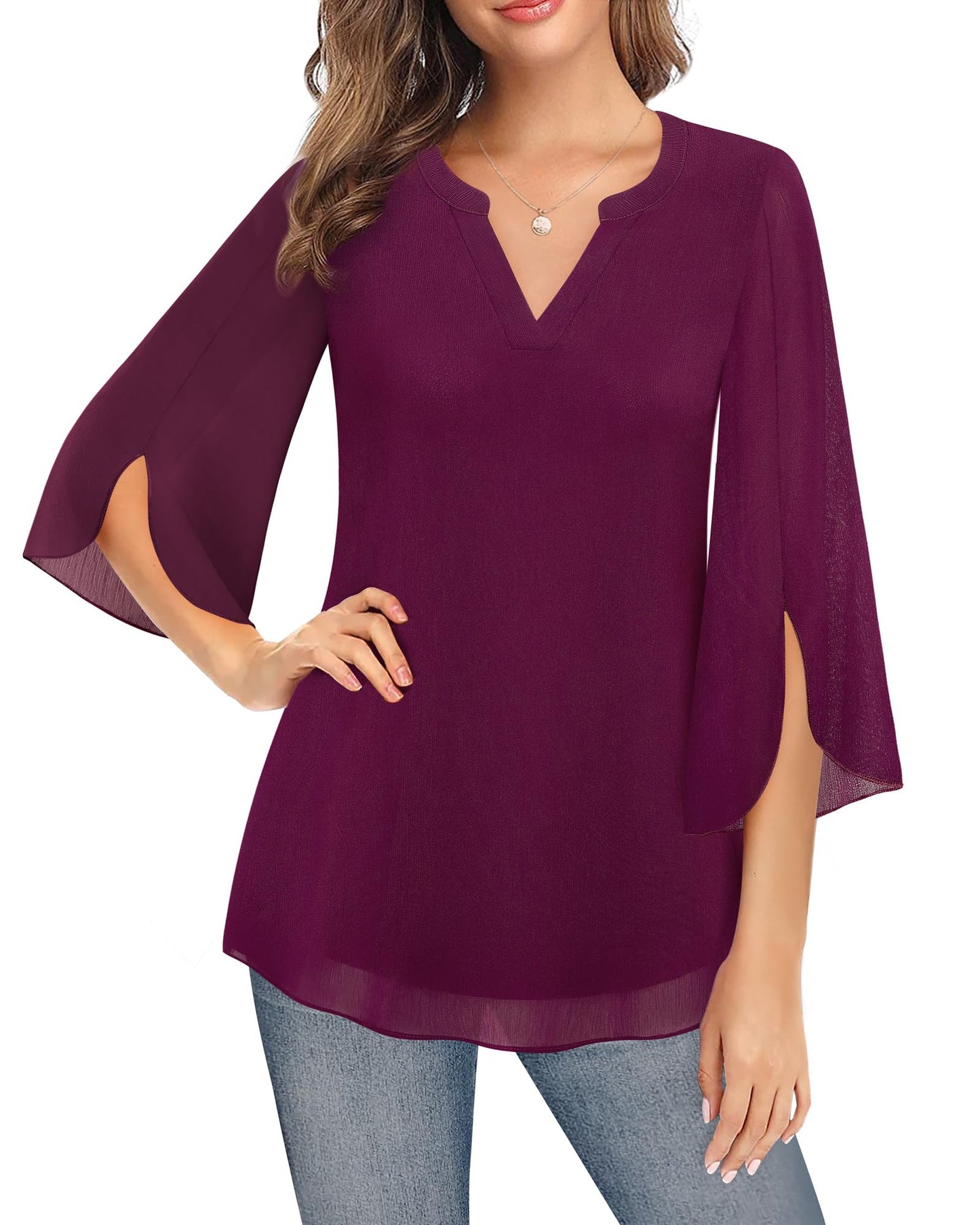 Timeson Damen Chiffonbluse mit 3/4-Ärmeln, V-Ausschnitt, elegante Tunika-Oberteile