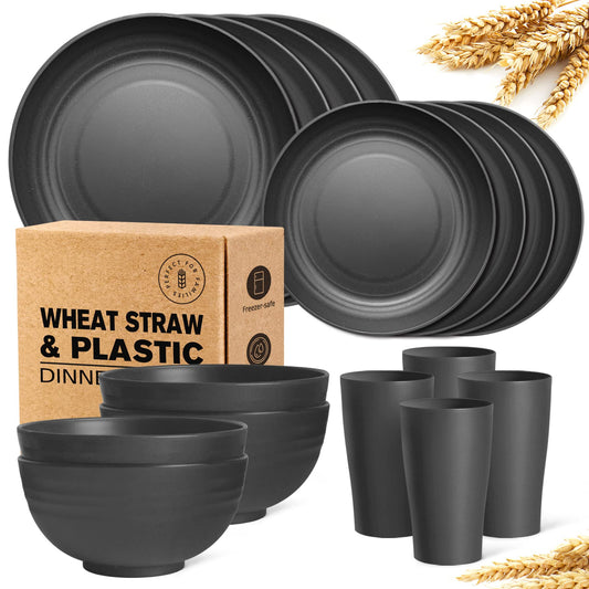 Teivio 16-Piece Kitchen Plastic Wheat Straw Dinnerware Set, Service for 4, Dinner Plates, Dessert Plate, Cereal Bowls, Cups, Unbreakable Plastic Outdoor Camping Dishes, Grey