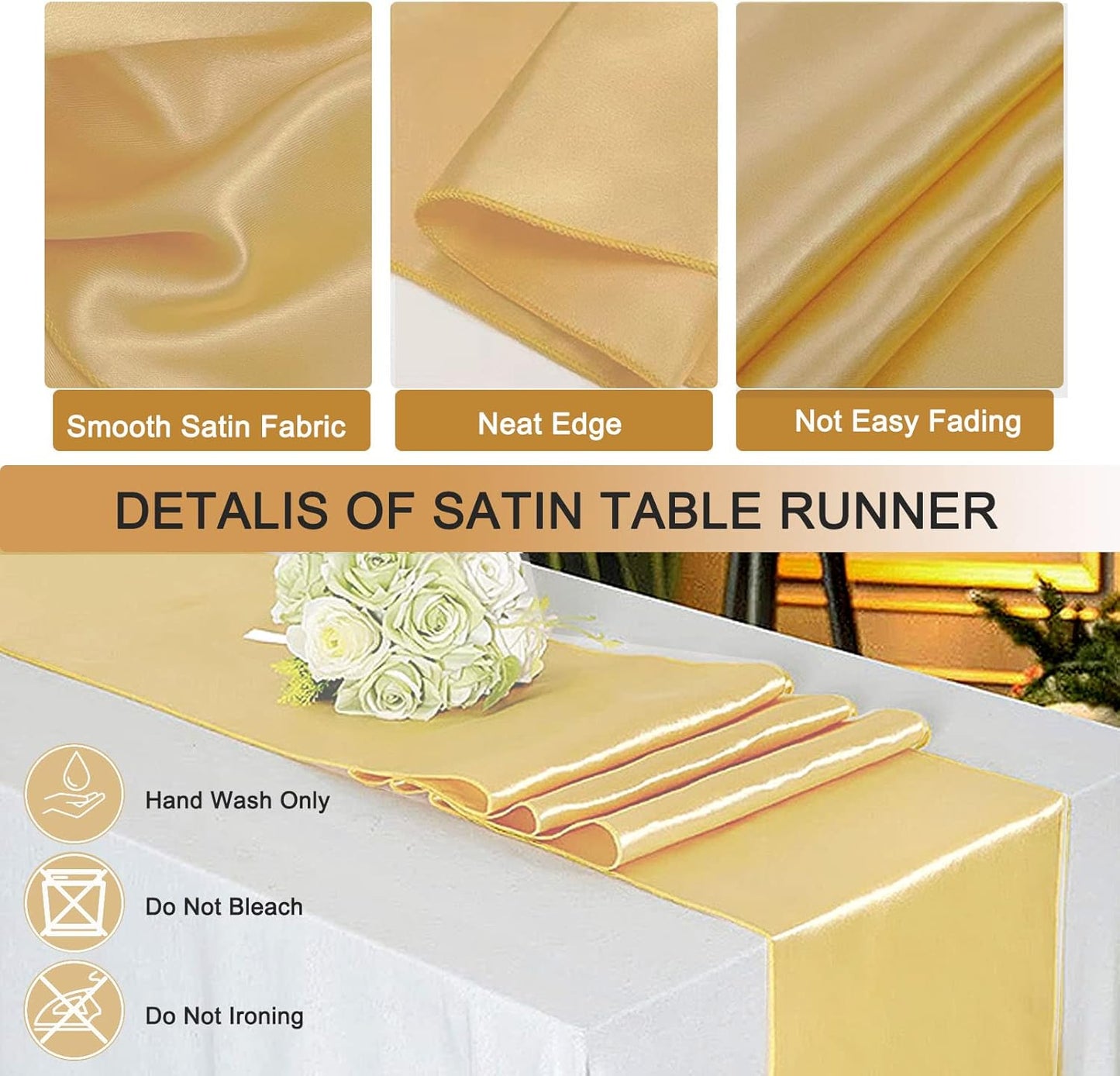 12 Pcs Wedding Satin Table Runner 12 x 108 Inch and Disposable Plastic Tablecloth 54 X 108 Inch, Gold Table Cloths for Parties, Wedding Decoration, Banquet Restaurant, Baby Shower