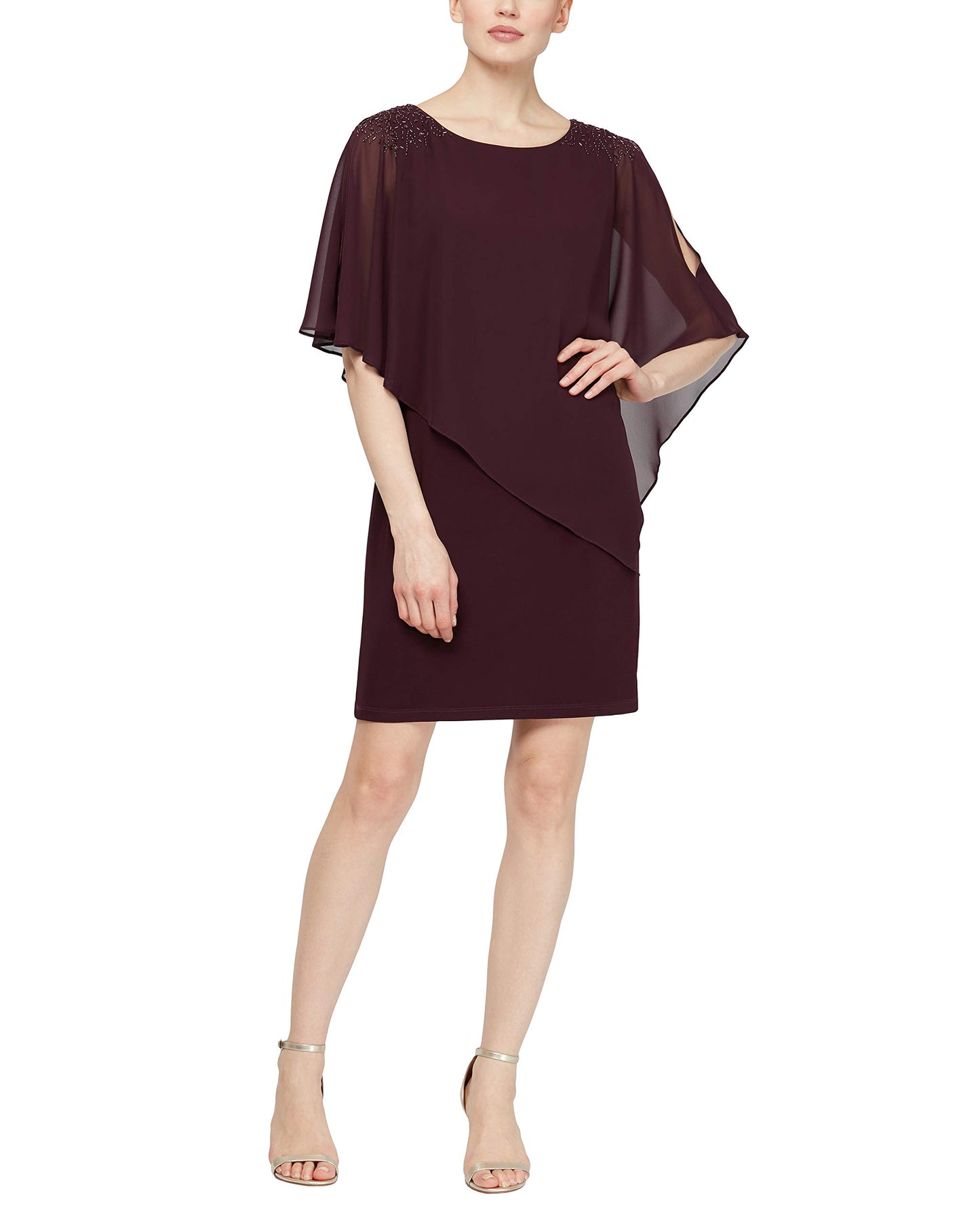 S.L. Fashions Women's Short Sheath Capelet Gown with Asymmetric Overlay, Mother of The Bride Dress (Petite and Regular Sizes)