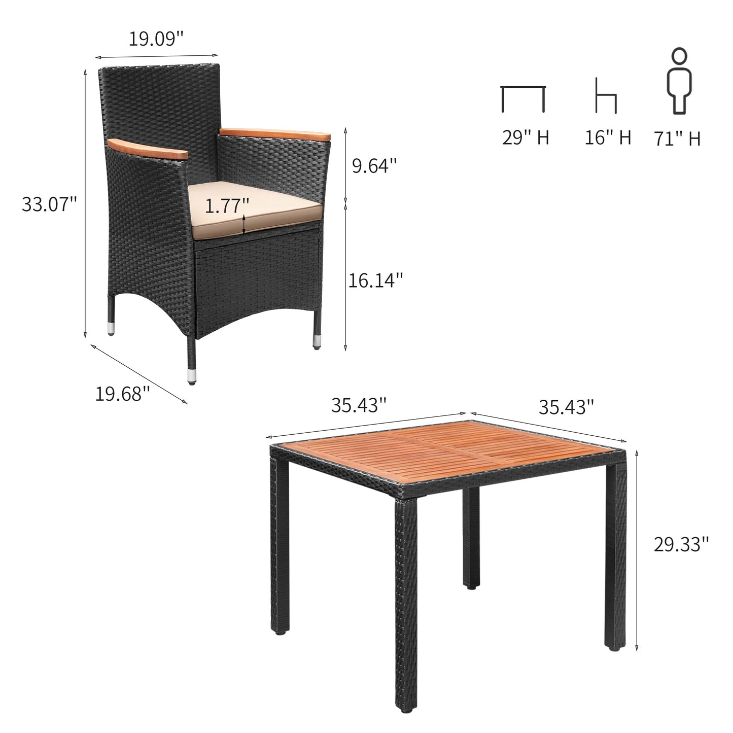 Flamaker 9-teiliges Terrassen-Ess-Set, Tisch und Stühle aus Akazienholz für den Außenbereich, mit weichen Kissen, Korb-Terrassenmöbel für Terrasse, Hinterhof, Garten 