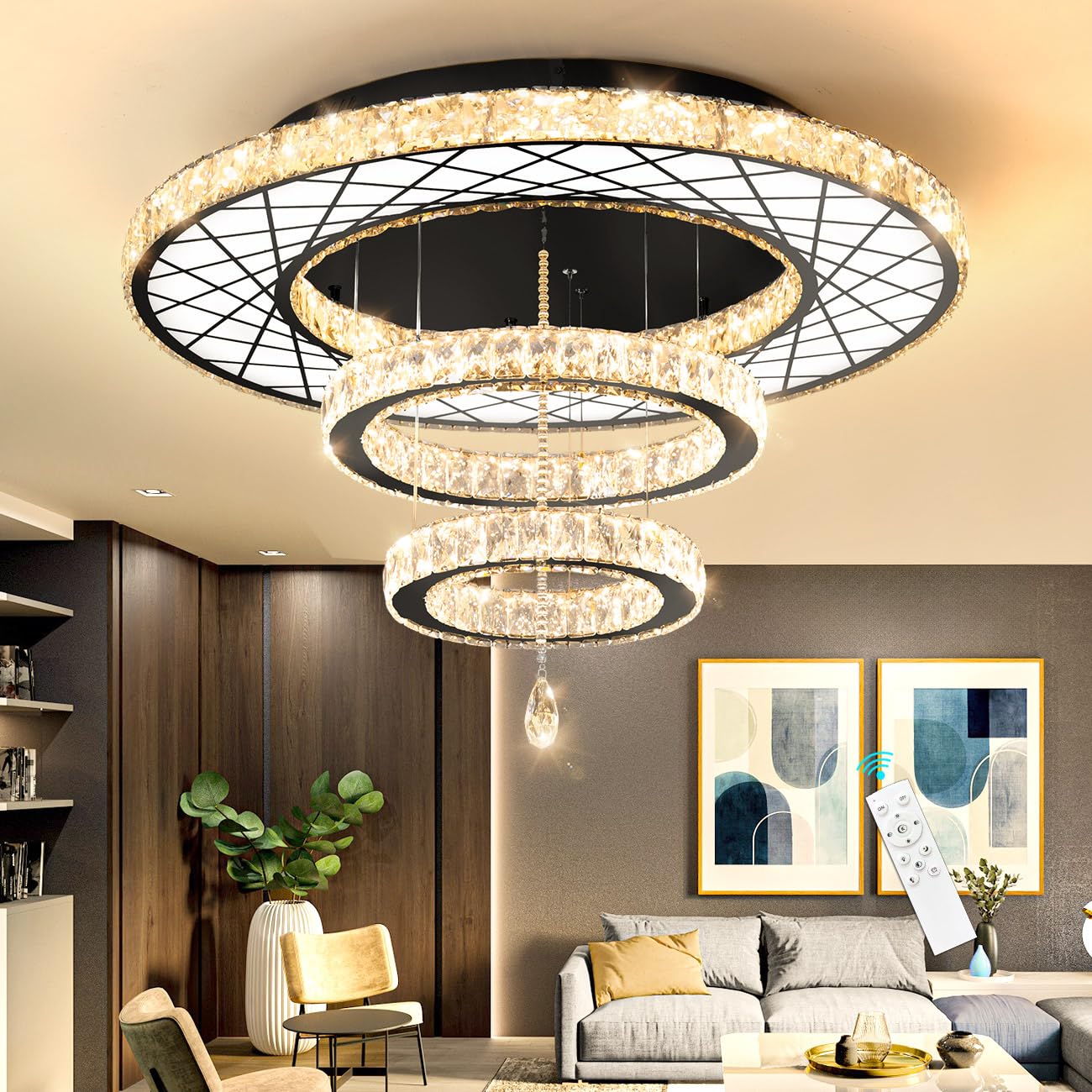 Modern Flush Ceiling Chandelier Bedroom Light Fixtures Crystal Flat Sloping Ceiling Lights for Hallway Kitchen Dining Room Dimmable Light with Remote Gold