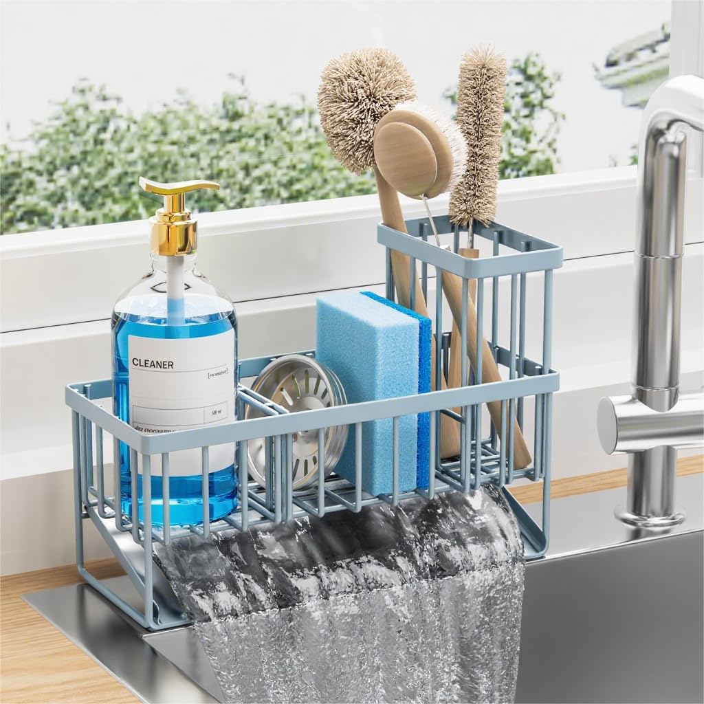 Kitchen Sink Caddy Organzier with High Brush Holder, Sponge Holder for Sink, 304 Rustproof Stainless, Kitchen Countertop Soap Dispenser Organizer, Kitchen Decor and Accessories