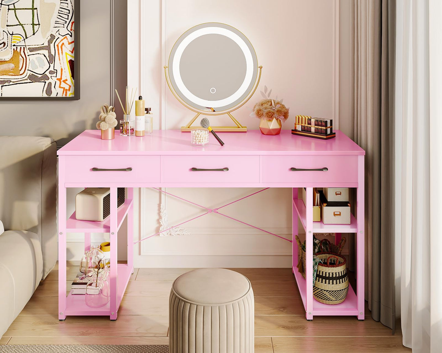 Bureau d'ordinateur de petite taille ODK : table de maison avec tiroirs en tissu et étagères de rangement, bureau d'écriture moderne, noir, 48"x16" 