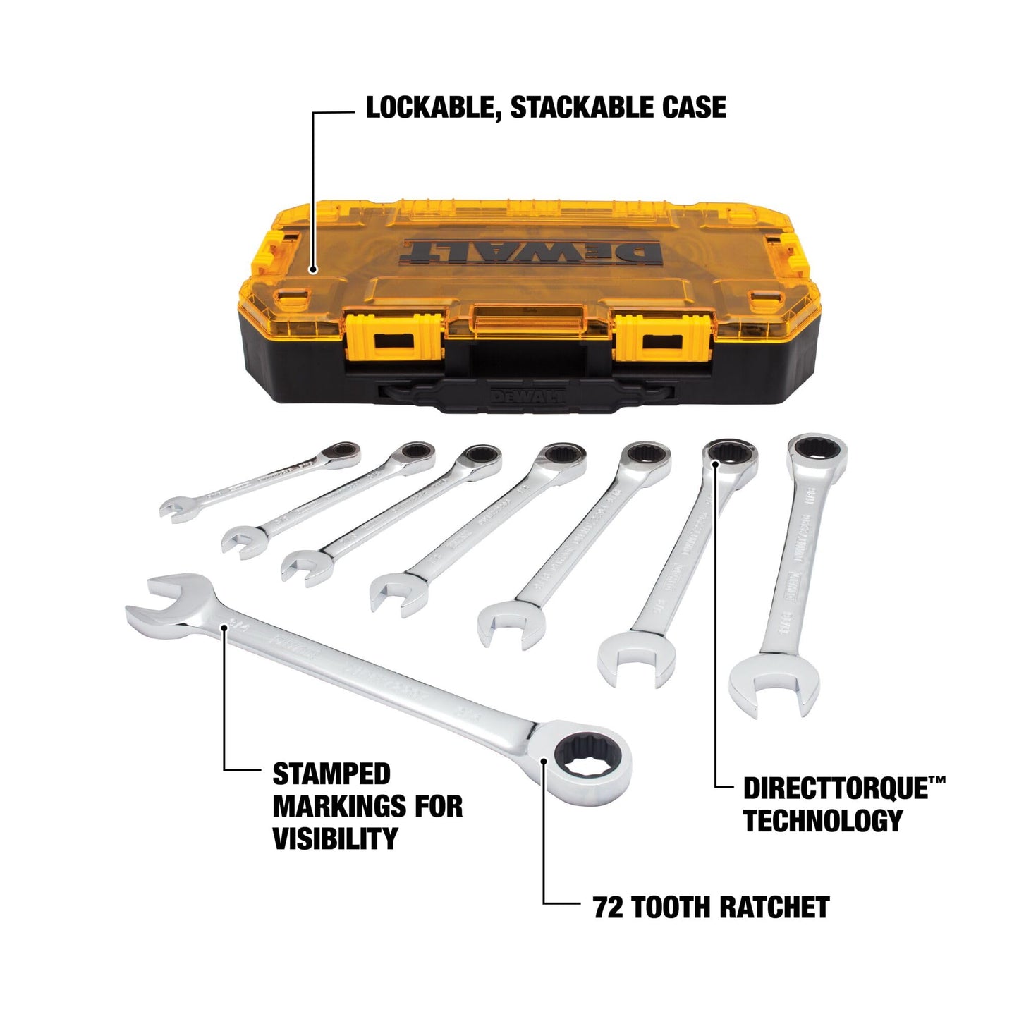 DEWALT Tough Box 8 PC SAE Ratcheting Combination Wrench Set