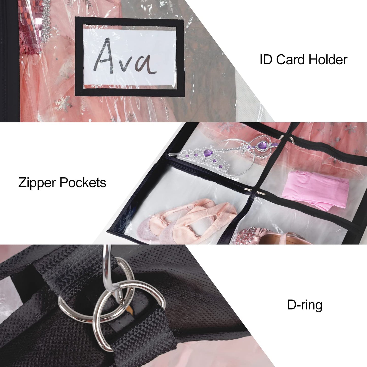 Univivi Clear PVC Dance Costume Bags (3 Pack) Garment Bag 40 Inch for Dance Competitions, with 4 Medium Clear Zipper Pockets and 1 Large Back Zippered Pocket [Upgraded Version]