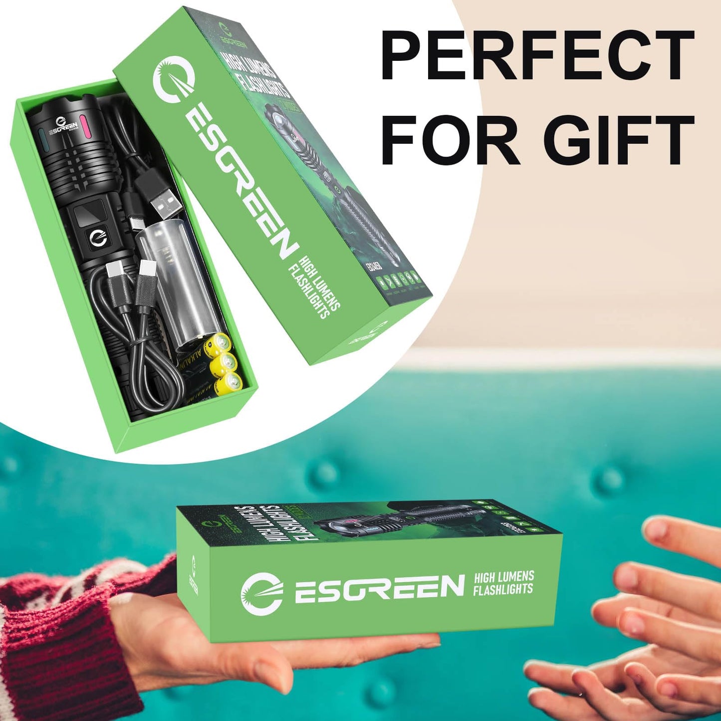 Esgreen wiederaufladbare Taschenlampen mit hoher Lumenzahl 1000000, 2 Einzelmodi, superhelle LED-Taschenlampe mit USB-C, große Reichweite 3280 Fuß, leistungsstarkes, langlebiges, 10-Stunden-Hochleistungs-Taschenlicht für Camping und Wandern 