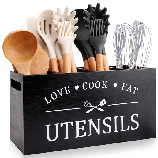 Support à ustensiles de ferme noir pour comptoir de cuisine Support à ustensiles de cuisine extra large Organisateur de rangement pour ustensiles de cuisine en bois rustique Décor d'outils de cuisine Pot à ustensiles Support à spatule 