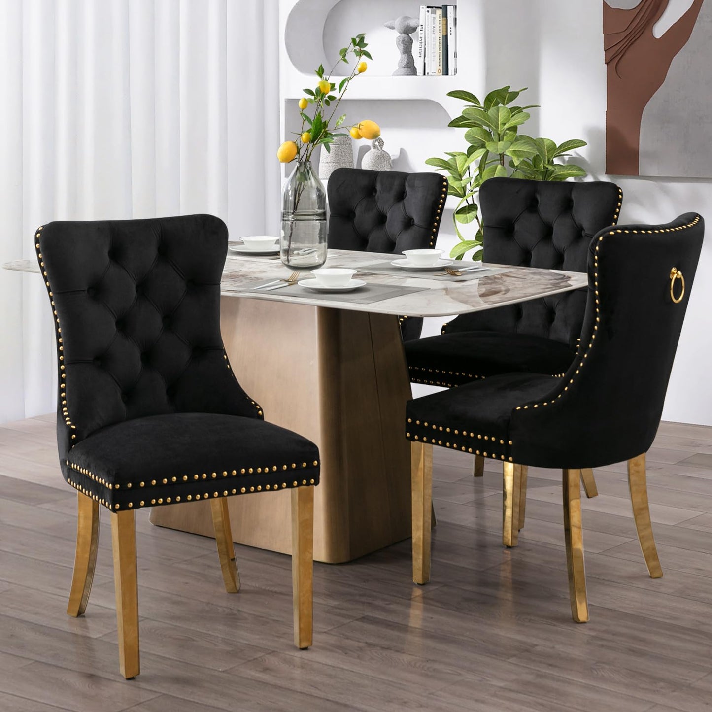 Lot de 8 chaises de salle à manger en cuir SoarFlash, chaise d'appoint à dossier haut, chaise d'appoint rembourrée moderne avec anneau de dossier à boutons, pieds en bois massif (noir et gris) 