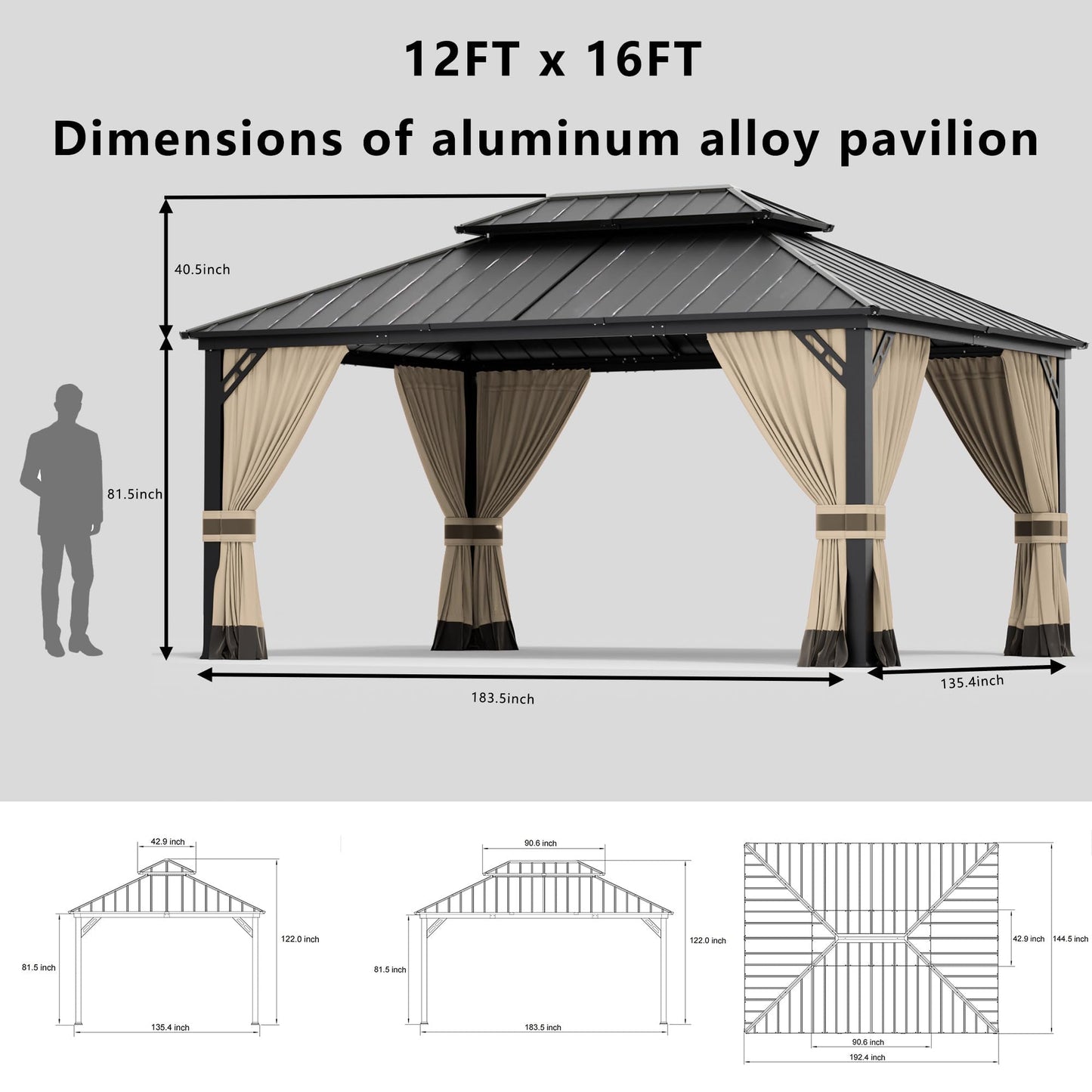 12x20ft Hardtop-Pavillon mit Doppeldach, Außenpavillon mit 2-lagigem Hardtop und verzinktem Eisenrahmen, geeignet für Innenhöfe, Hinterhöfe, Terrassen und Gras 