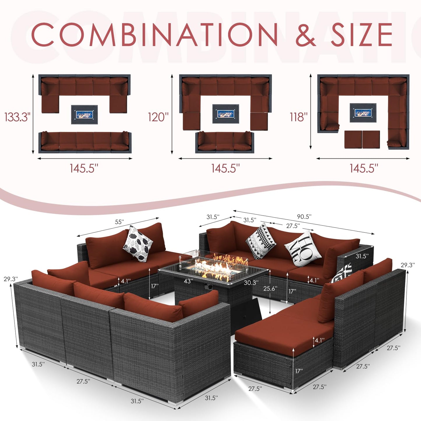 Ensemble de canapé de patio de luxe 13 pièces NICESOUL® avec table de foyer au gaz naturel/propane, ensemble de conversation d'extérieur à dossier haut de 29,3 po, canapé sectionnel extérieur en rotin PE, gris foncé 