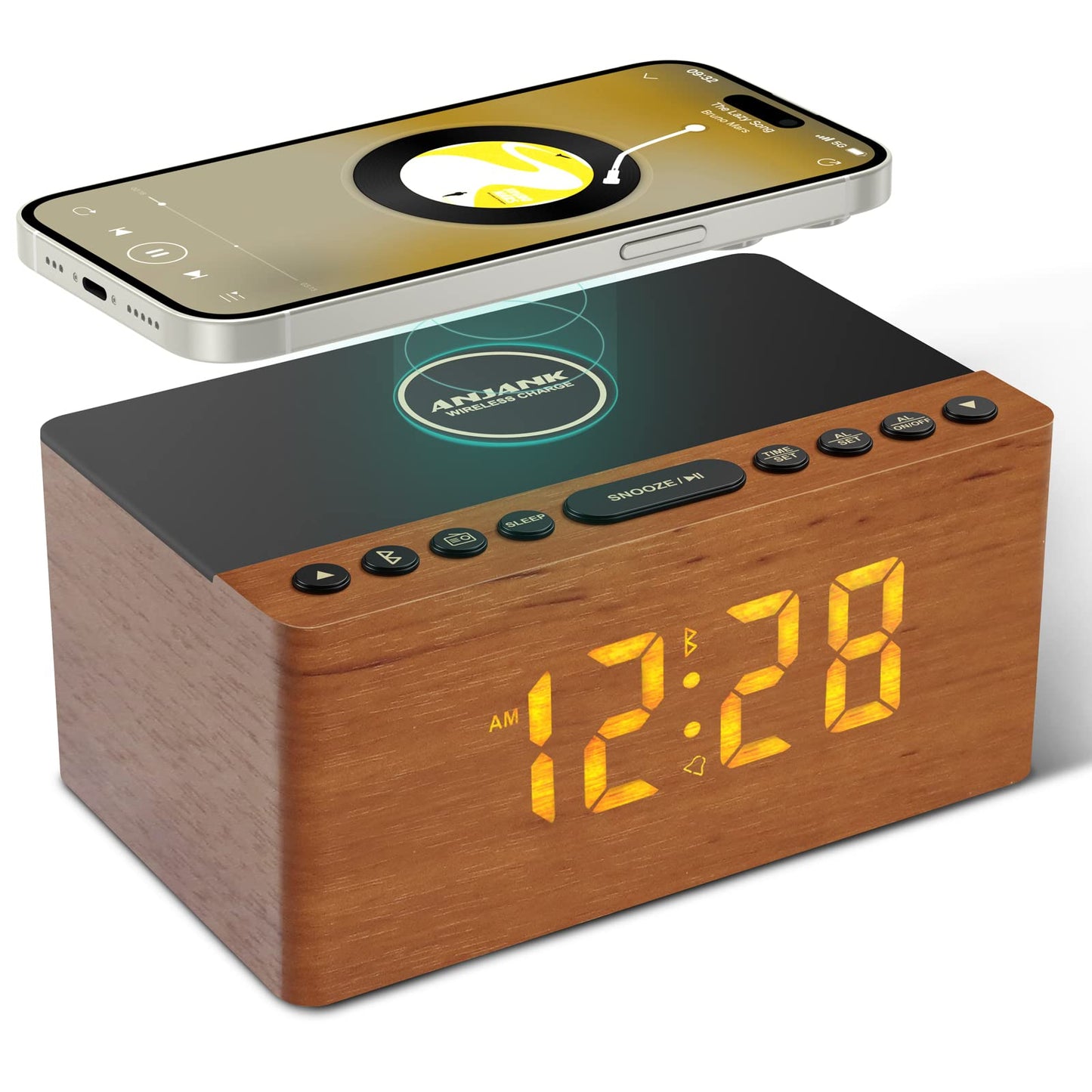 Digital Alarm Clock with FM Radio & Wireless Charging – Qi-Certified, LED Display, USB Port, Sleep Timer