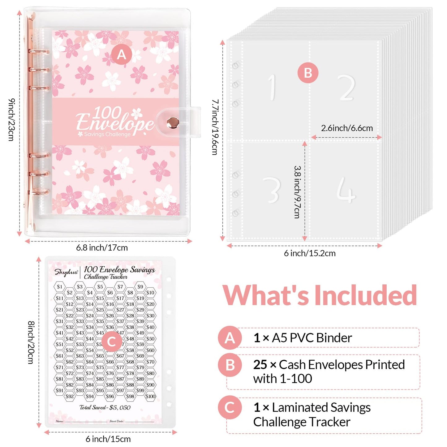 SKYDUE 100 Envelopes Challenge Binder with Laminated $5050 Tracker Sheet & Pre-numbered Pockets (Pink)