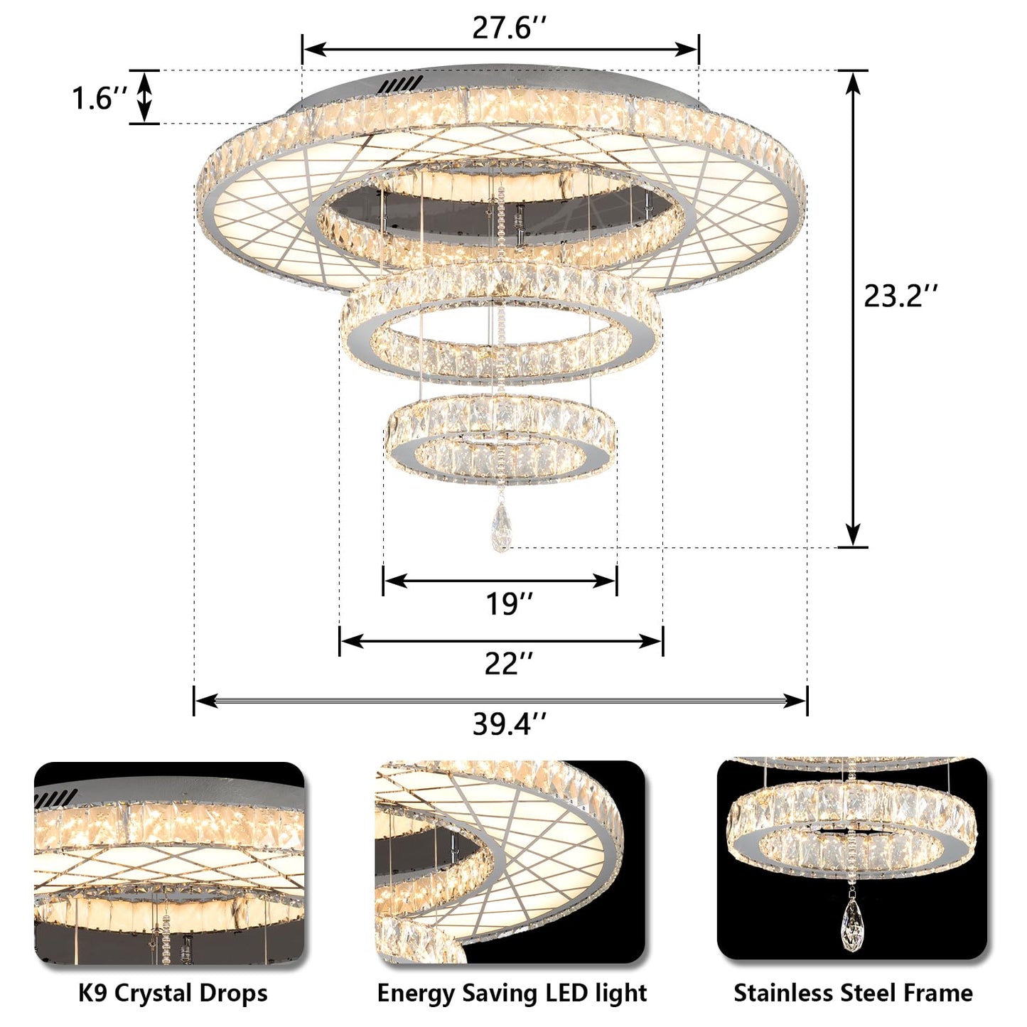 Modern Flush Ceiling Chandelier Bedroom Light Fixtures Crystal Flat Sloping Ceiling Lights for Hallway Kitchen Dining Room Dimmable Light with Remote Gold