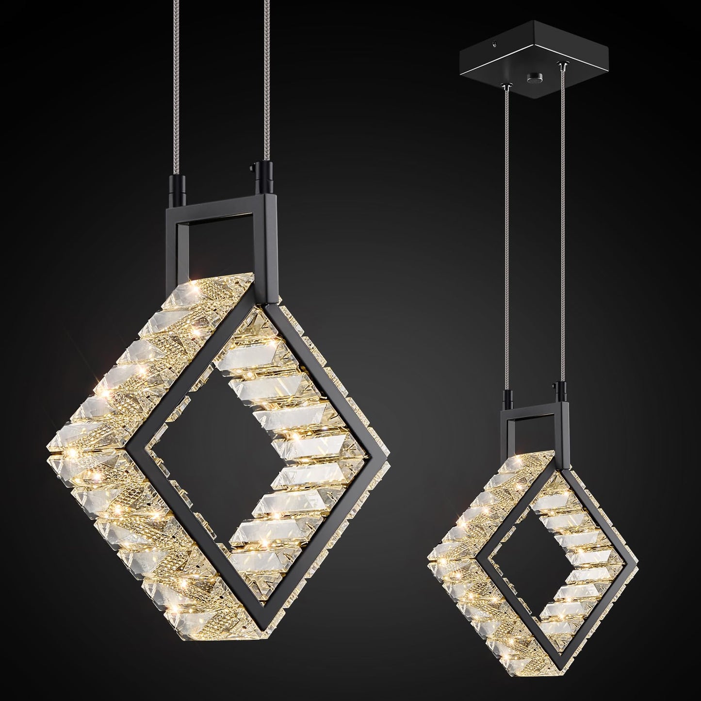 Kitchen Island Mini Light Fixture Modern Led Crystal Pendant Light Gold Rectangle Chandelier for Dining Room Living Room Kitchen Bedroom Bar（1-Pack）