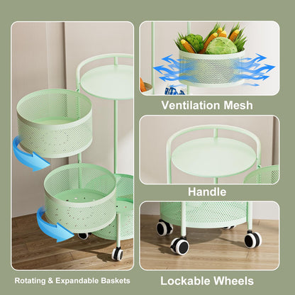 No Assembly Required Vegetable Storage Rack, 4-Tier Rotating Fruit Basket with Wheels, Heavy Duty Carbon Steel Kitchen Storage Cart