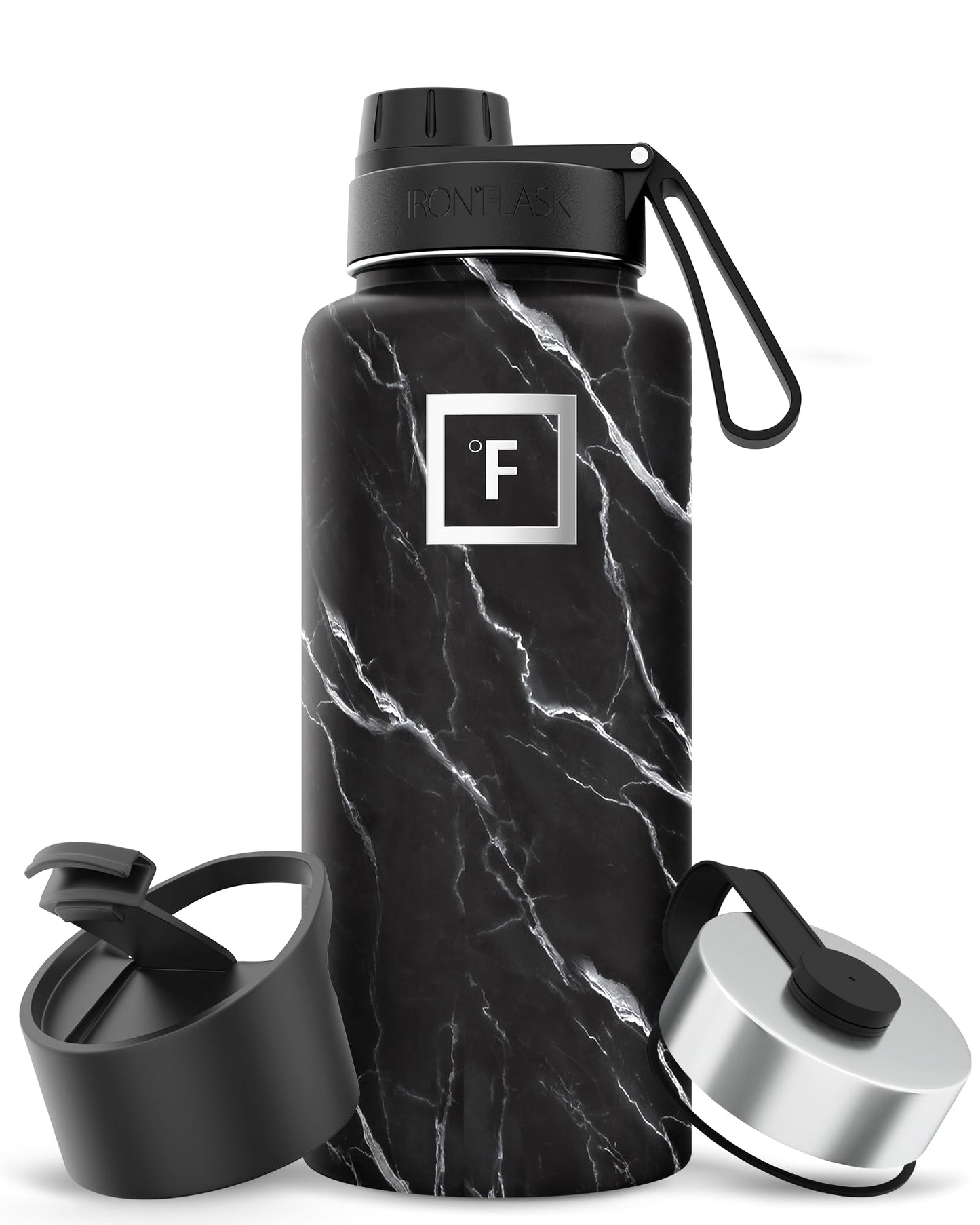 IRON °FLASK Camping & Hiking Hydration Flask with 3 Lids - Stainless Steel, Double Walled & Vacuum Insulated Water Bottle - Leak Proof & BPA Free (Dark Night, Straw - 32 oz)