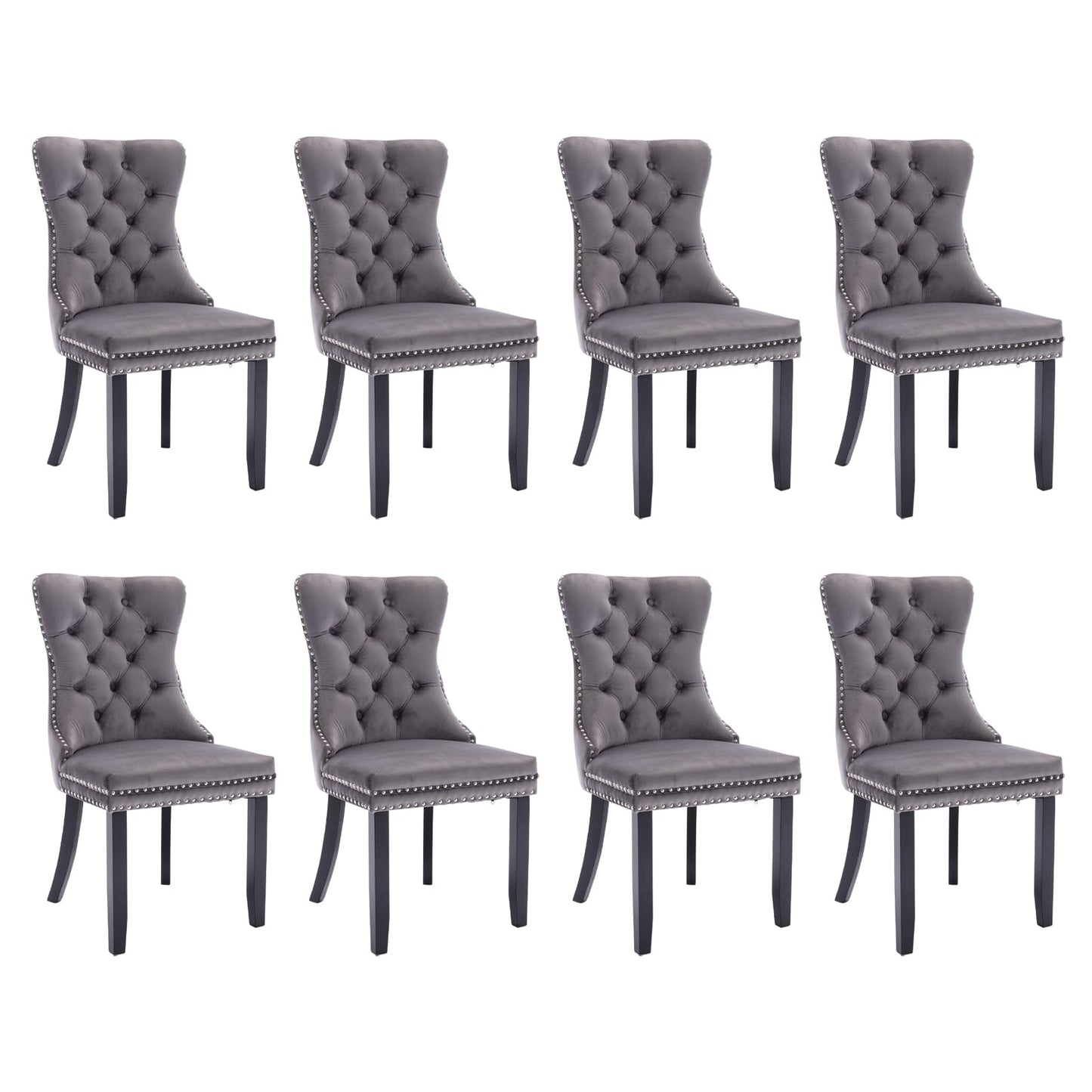 SoarFlash Leather Dining Chairs Set of 8, Tall Back Side Chair, Modern Upholstered Side Chair with Button Back Ring, Solid Wood Legs (Black&Grey)