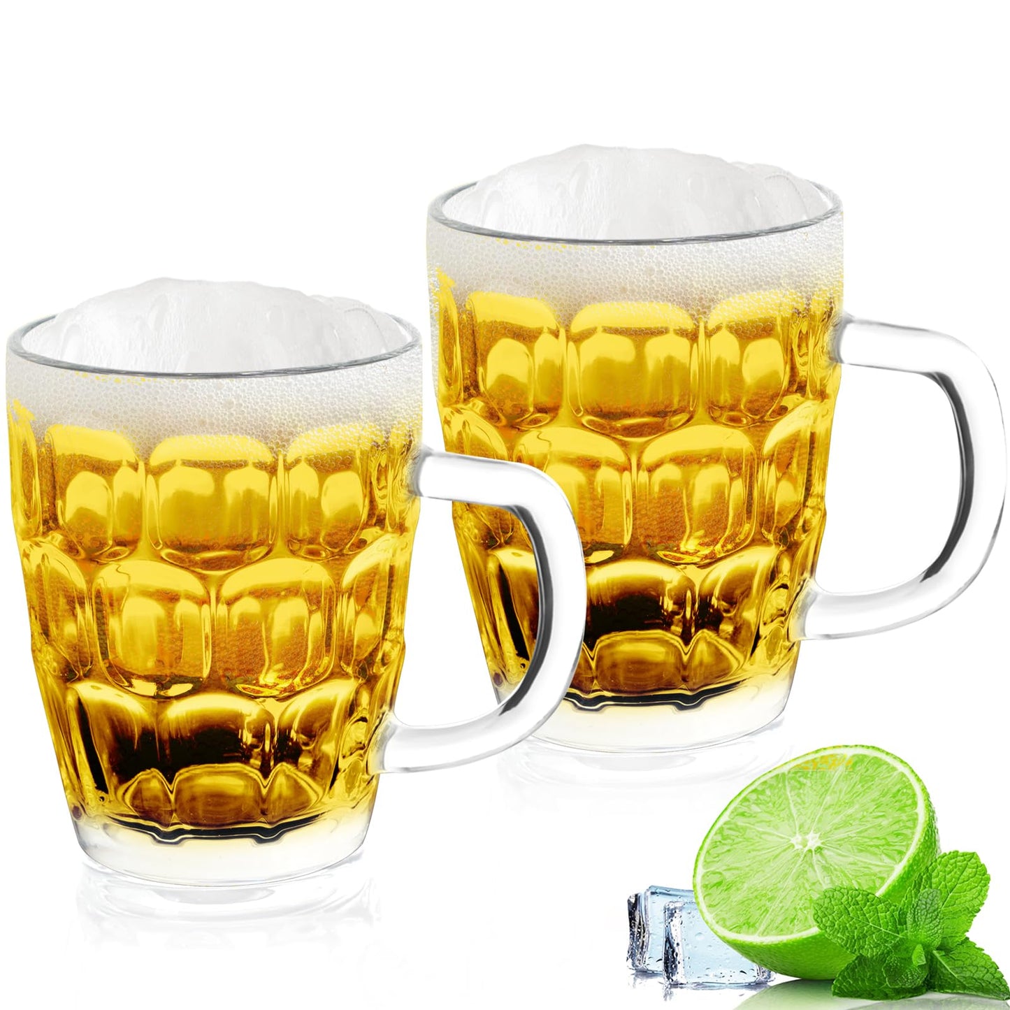 20 OZ Beer Stein Mugs, German Clear Large Tall Beer Glasses With Handle for Men, Set of 2