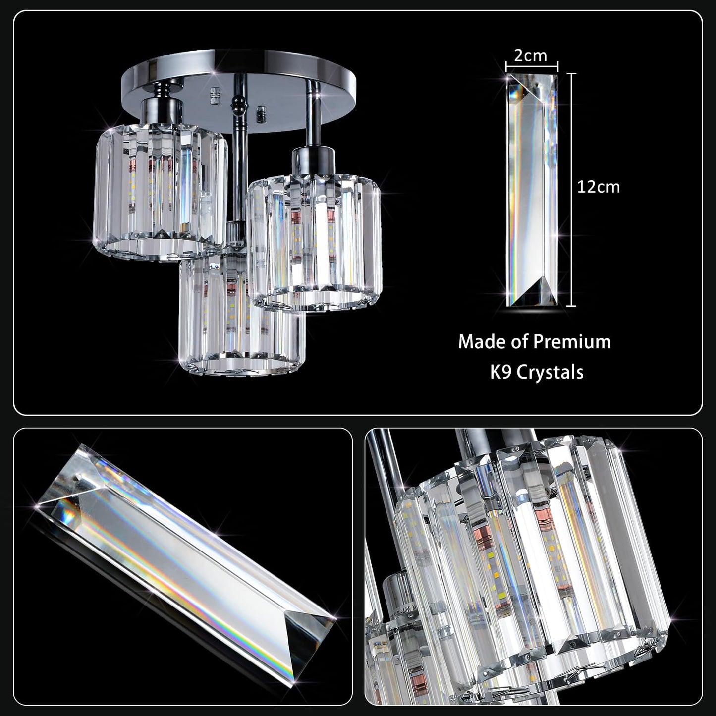Crystal Semi Flush Ceiling Light – Modern Black Fixture, Clear Shade