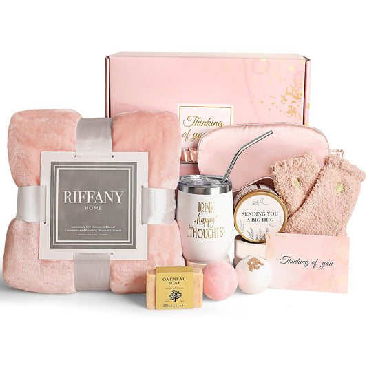 Cadeaux d'anniversaire pour femmes, cadeaux de soins personnels pour femmes, cadeaux pour maman, coffret de soins de prompt rétablissement avec couverture en flanelle de luxe, idée de coffret spa relaxant de Noël pour maman, sa meilleure amie et sa sœur 