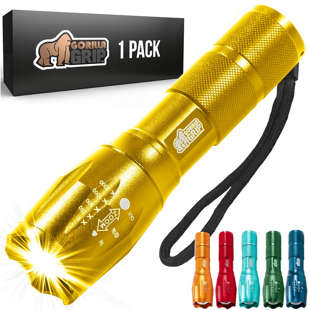 Gorilla Grip Powerful LED 750 FT Water Resistant 5 Adjustable Mode Tactical Flashlight, High Lumens Ultra Bright Battery Zoom Flashlights, Small Camping Car Mini Flash Light Accessories, 2 Pack Gold