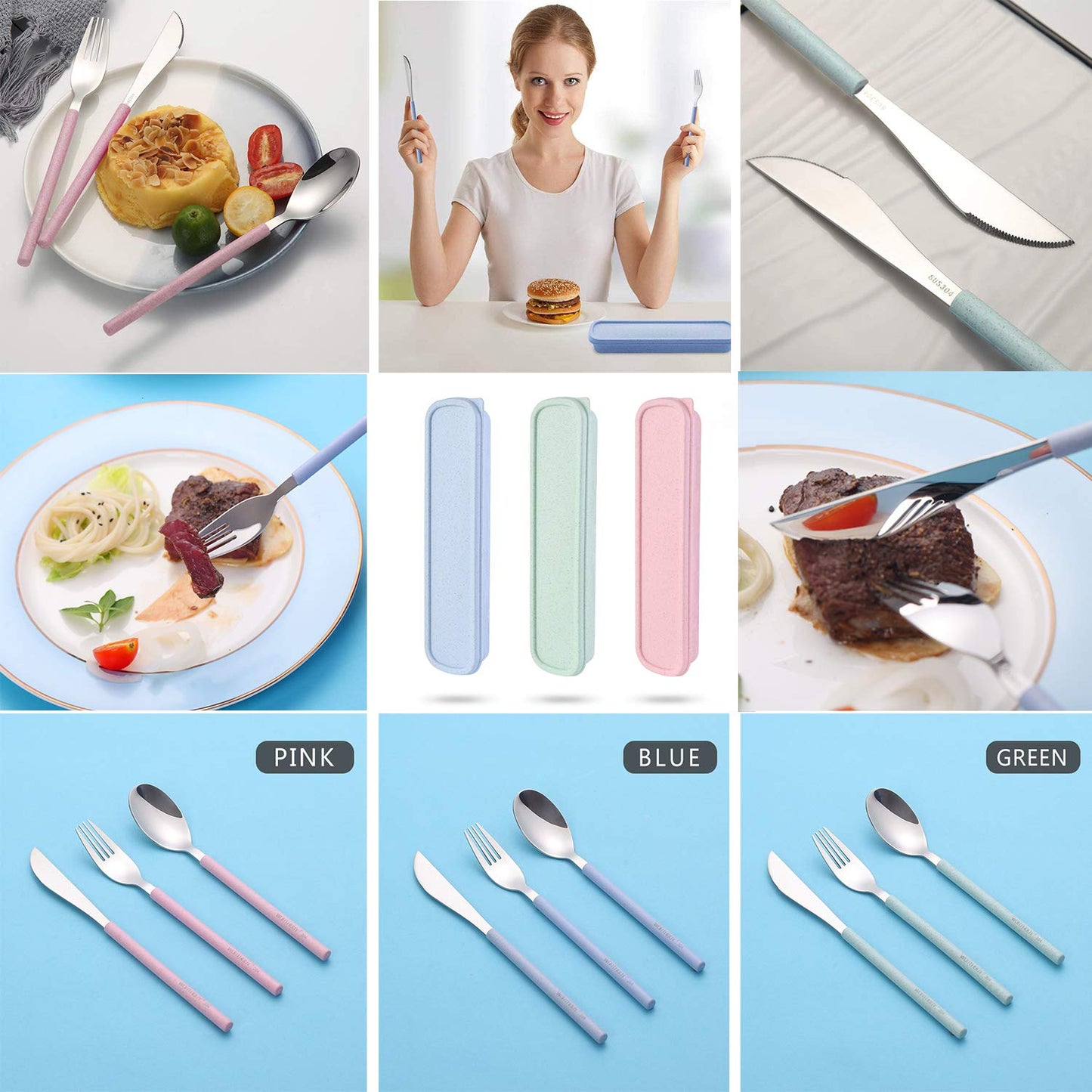 Portable Travel Utensils Set, 18/8 Stainless Steel 3 PCS Cutlery Set Including Knife Fork and Spoon, Reusable Travel Silverware Set with Case for Lunch Box Camping School Office
