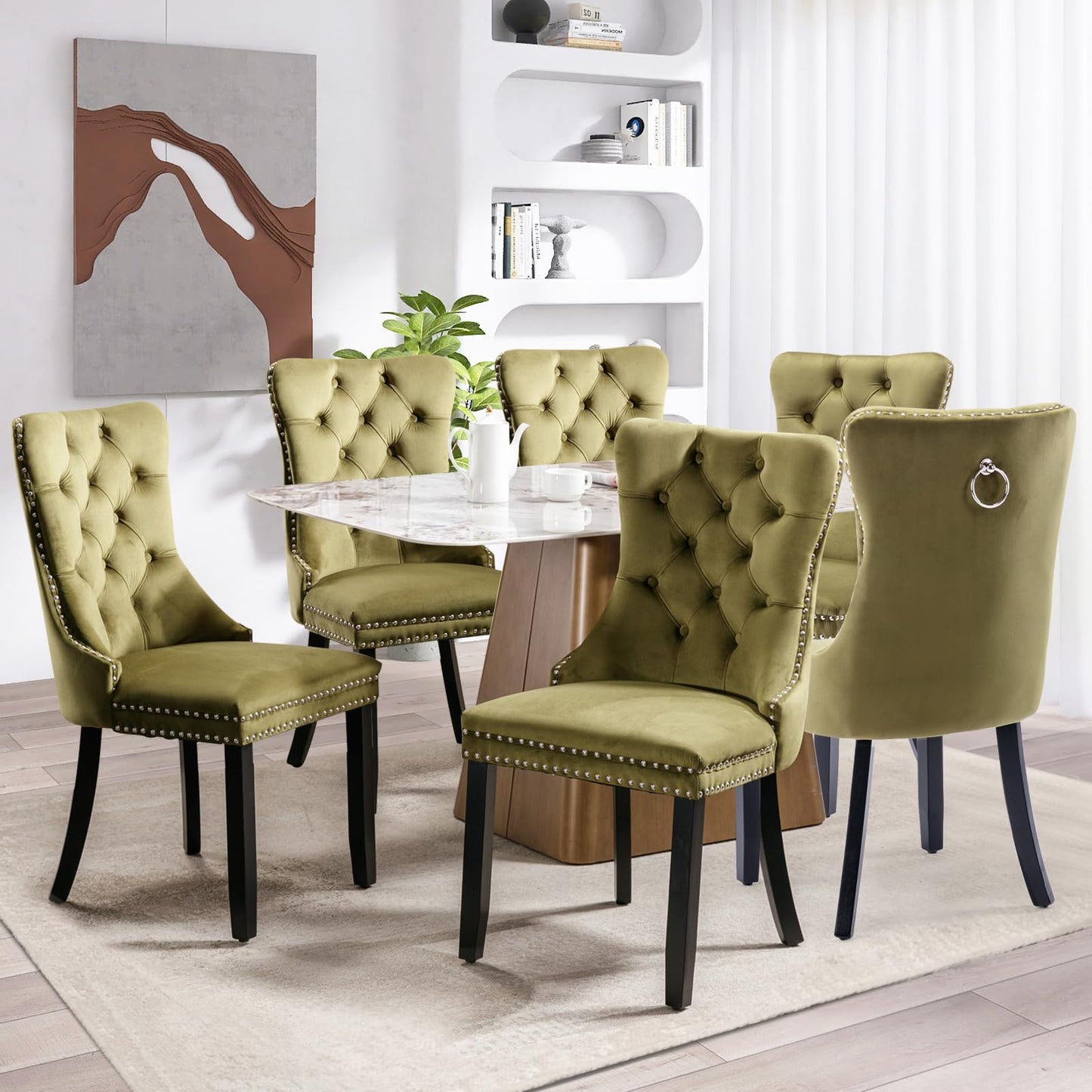 Lot de 8 chaises de salle à manger en cuir SoarFlash, chaise d'appoint à dossier haut, chaise d'appoint rembourrée moderne avec anneau de dossier à boutons, pieds en bois massif (noir et gris) 