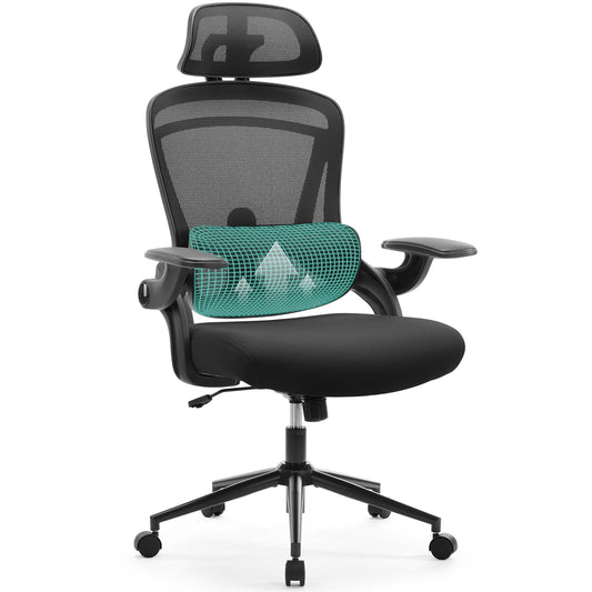 Chaise de bureau ergonomique en maille, chaise de bureau à dossier haut avec appui-tête 2D, support lombaire haut et bas, chaise de travail d'ordinateur pivotante avec accoudoirs rabattables réglables, noir 