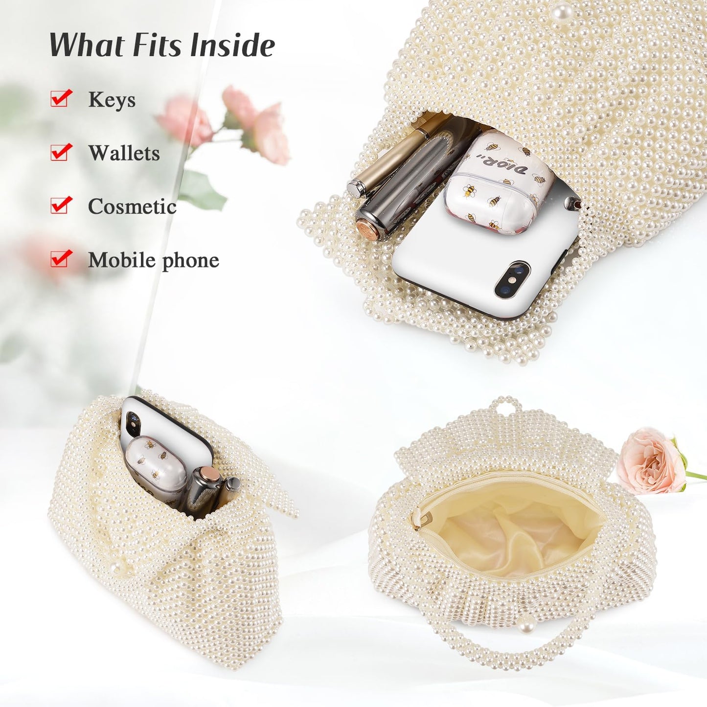 UBORSE Women Pearl Clutch Bag Noble Crystal Beaded Evening Bag Wedding Clutch with Pearl Chain