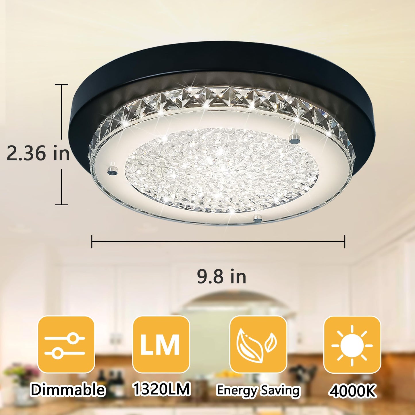 Black Crystal Flush Mount Ceiling Light – Modern Dimmable LED