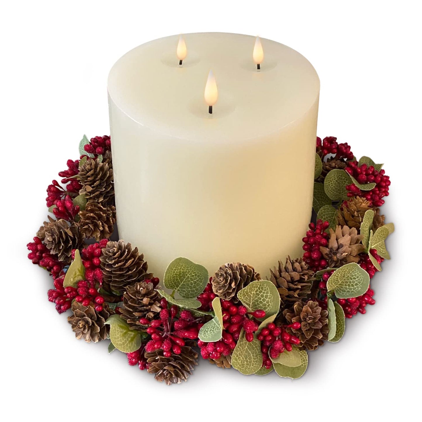 LampLust Christmas Candle Rings Wreaths, Set of 3, Mini Wreath with Mini Pine Cones & Red Berries, Fits 3 Inch Pillar Candles, Candle Rings for Pillars, Christmas Table Decor, Holiday Decorations