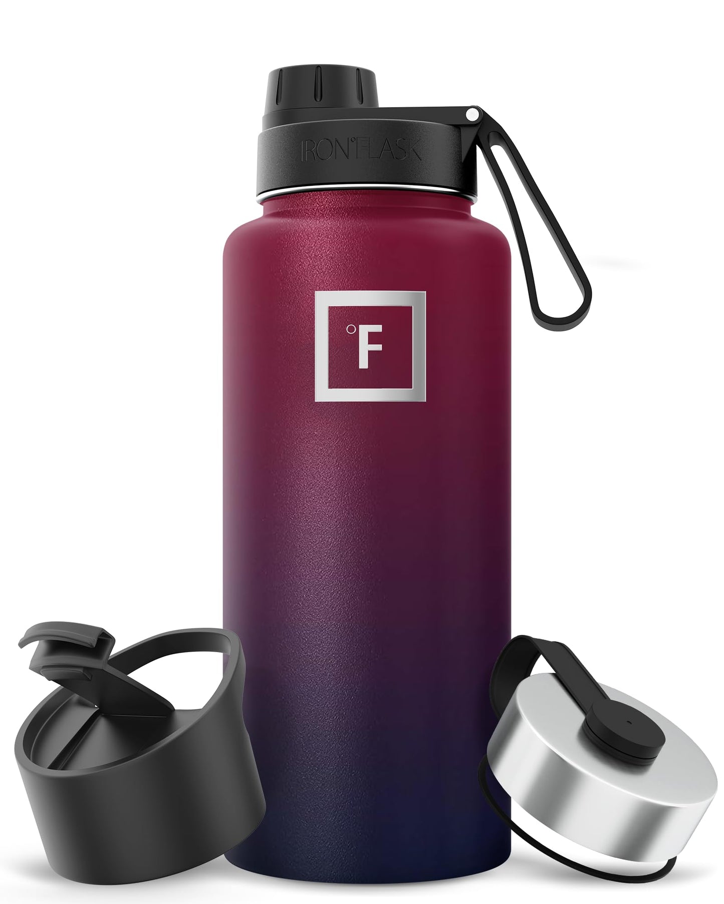 Bouteille d'hydratation de camping et de randonnée IRON °FLASK avec 3 couvercles - Bouteille d'eau en acier inoxydable, à double paroi et isolée sous vide - Anti-fuite et sans BPA (Dark Night, Straw - 32 oz) 