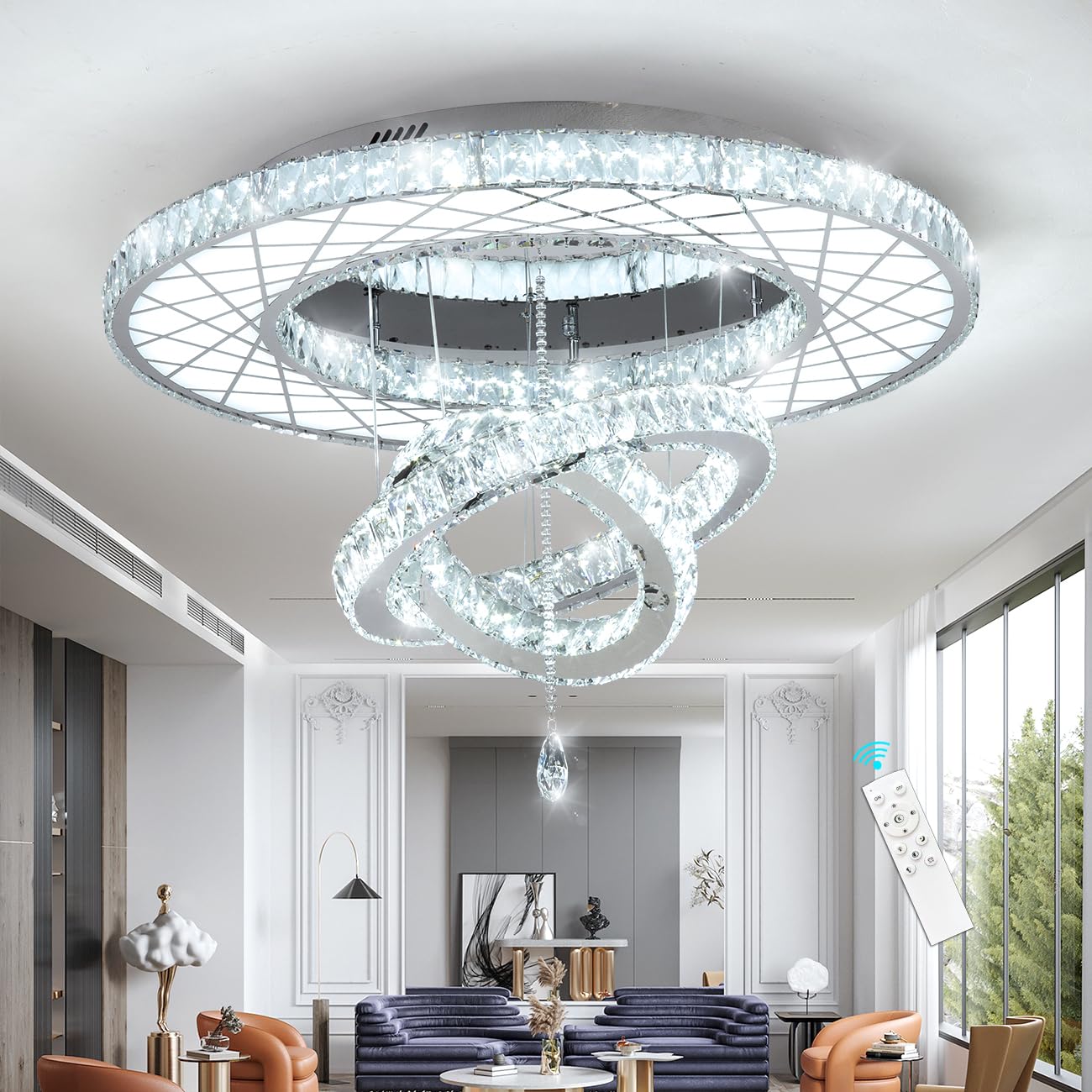 Modern Flush Ceiling Chandelier Bedroom Light Fixtures Crystal Flat Sloping Ceiling Lights for Hallway Kitchen Dining Room Dimmable Light with Remote Gold