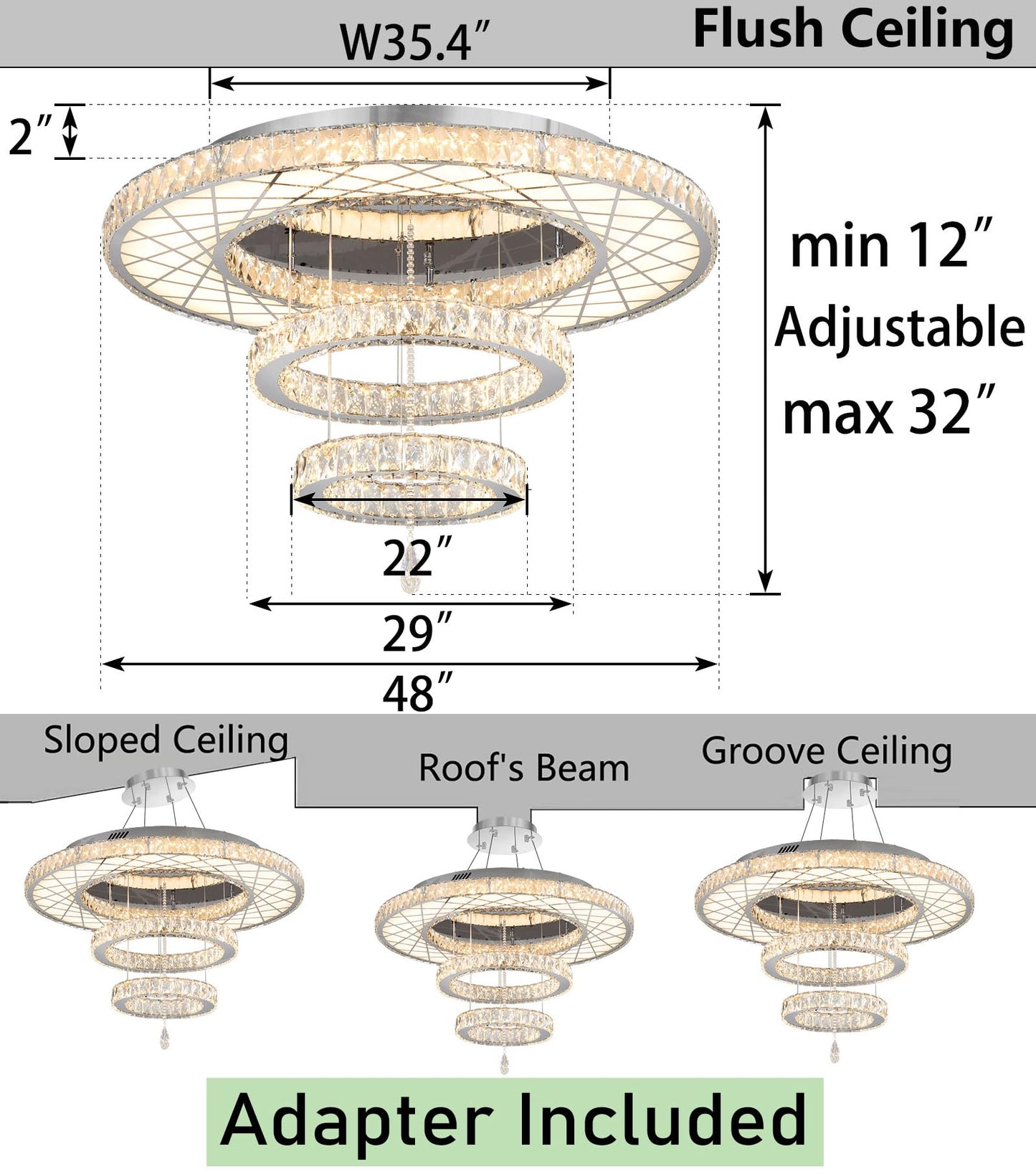 Modern Flush Ceiling Chandelier Bedroom Light Fixtures Crystal Flat Sloping Ceiling Lights for Hallway Kitchen Dining Room Dimmable Light with Remote Gold