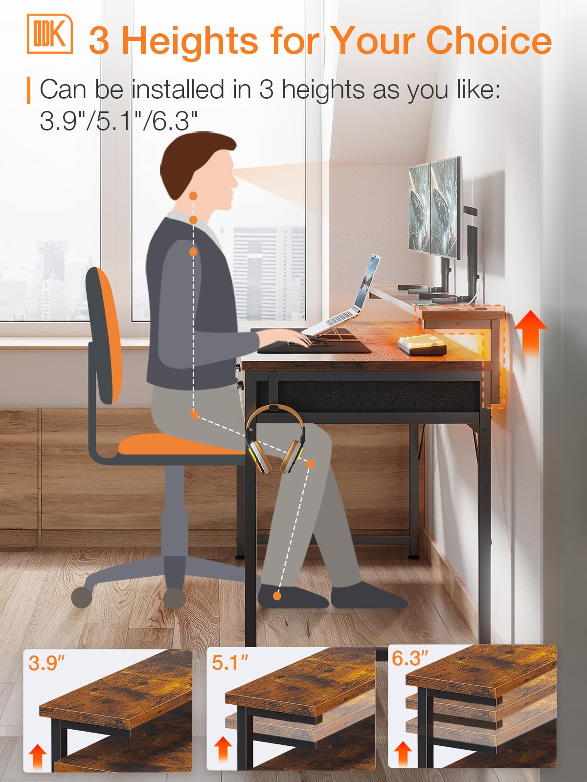 ODK 54-Zoll-Computertisch mit 3 Schubladen und USB-Steckdosen, Home-Office-Schreibtische mit LED-Leuchten und verstellbarem Monitorständer, Arbeiten von zu Hause, moderner Arbeits-/Schreib-/Studiertisch für Schlafzimmer, Schwarz 