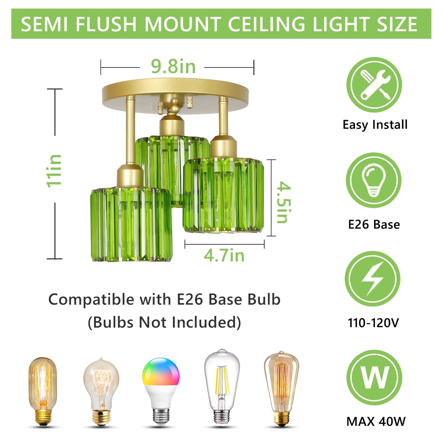 Crystal Semi Flush Ceiling Light – Modern Black Fixture, Clear Shade