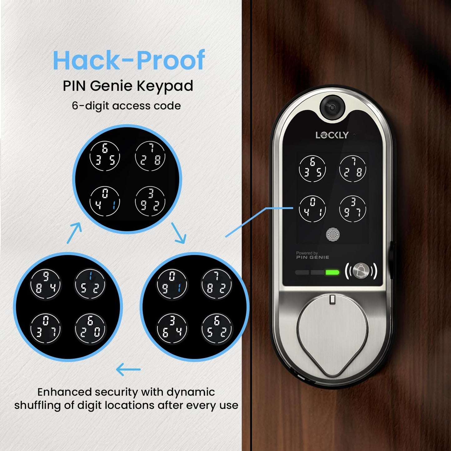 Serrure intelligente Lockly Vision, sonnette vidéo HD, serrures intelligentes pour porte d'entrée, serrure de porte à empreinte digitale, clavier à écran tactile, contrôle par application, sans frais mensuels, verrouillage automatique - Nickel satiné 