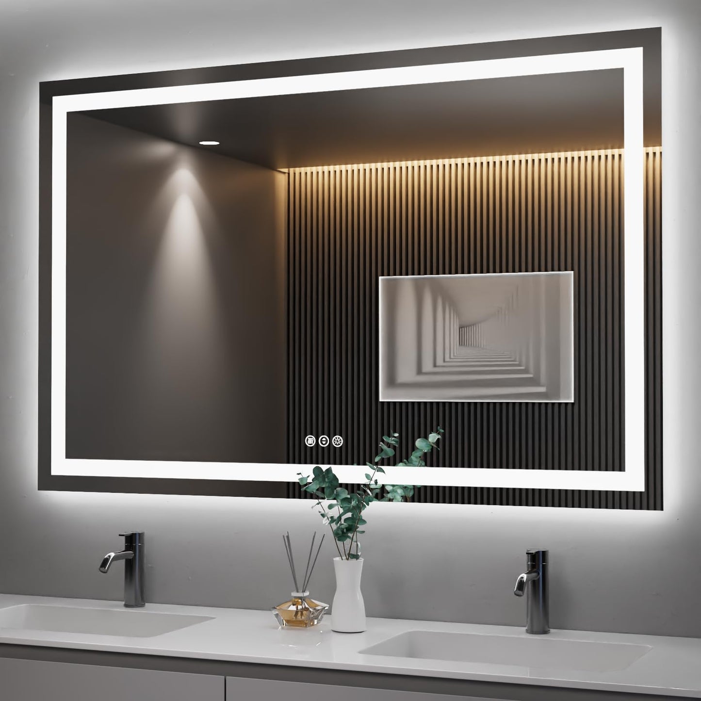 Amorho 20"x 28" LED Bathroom Mirror with Black Frame, Front Light and Backlit(Controlled Separately), Stepless Dimmable, Anti-Fog, Shatter-Proof, 3 Colors, Memory