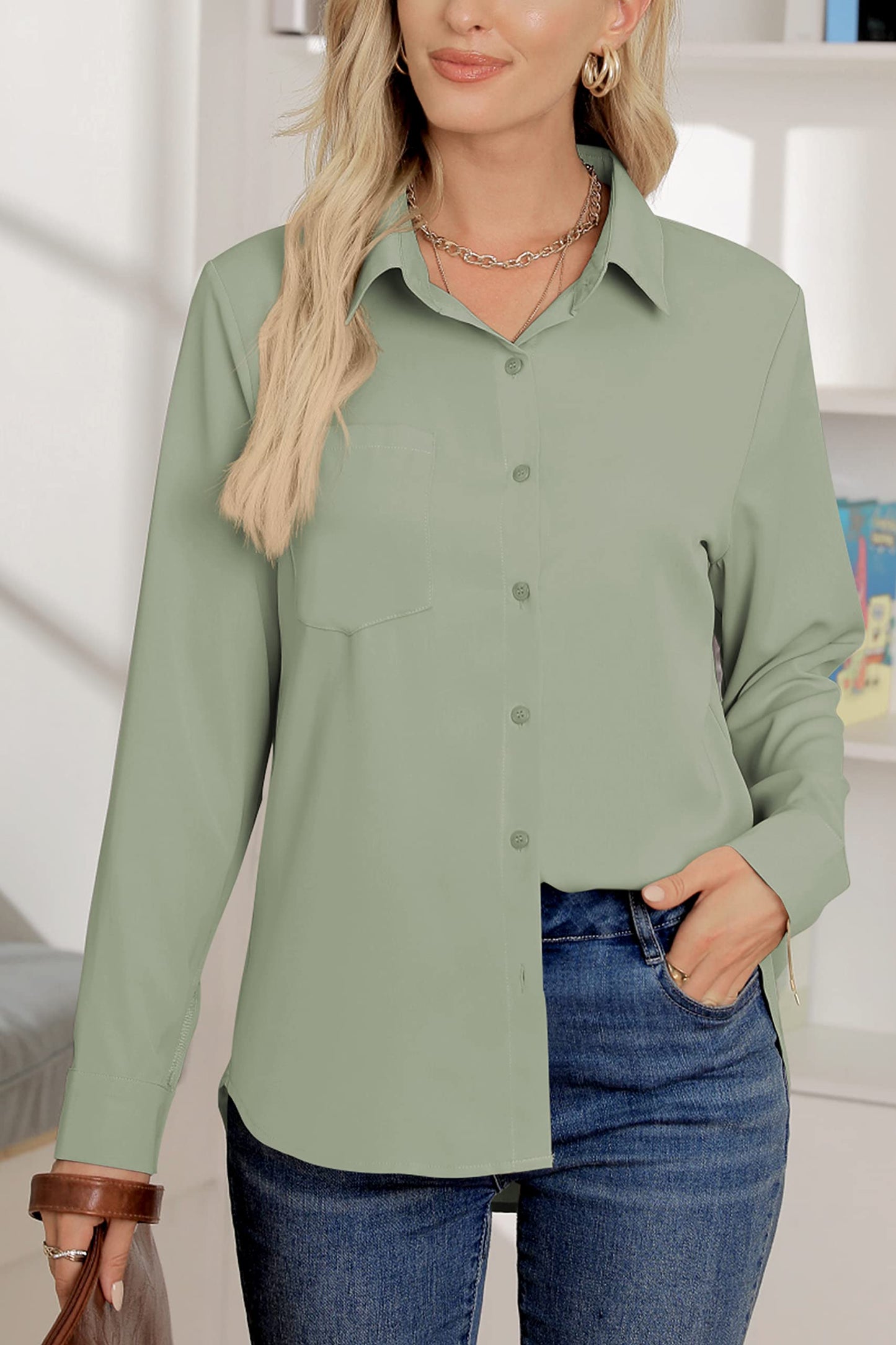 AISEW Damen Casual Button-Down-Hemden V-Ausschnitt Chiffon Lang-/Kurzarm Kragen Büro Arbeitsblusen Tops mit Tasche 