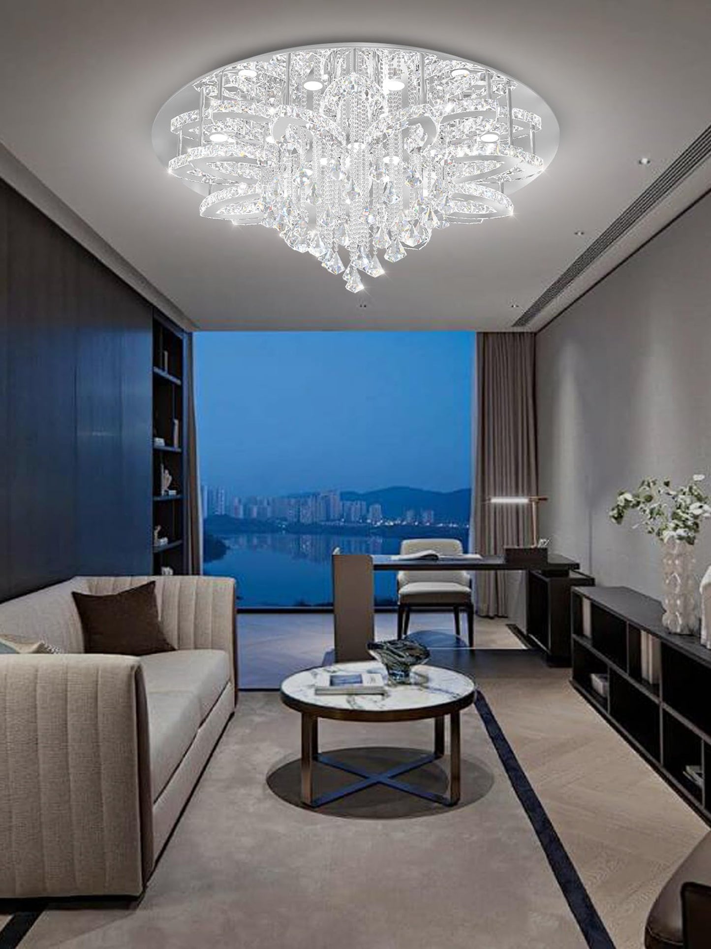 Flashing God W40 Modern Crystal Chandelier for Living Room Crystal Flush Mount LED Gold Ceiling Light Fixture for Foyer Dining Room Hallway Dimmable 2700k 4500k 6000k