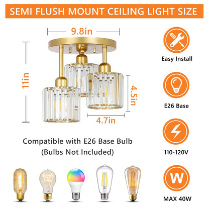 3-Light Crystal Semi Flush Mount Ceiling Light | Black Modern Fixture for Kitchen, Hallway & Bedroom