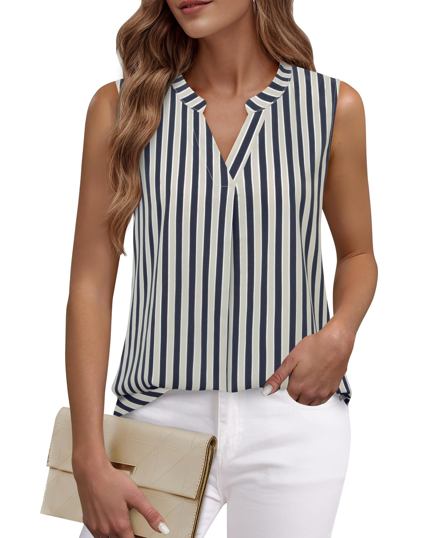 Timeson Women's Chiffon V Neck Sleeveless Blouse Tops Office Work Shirts